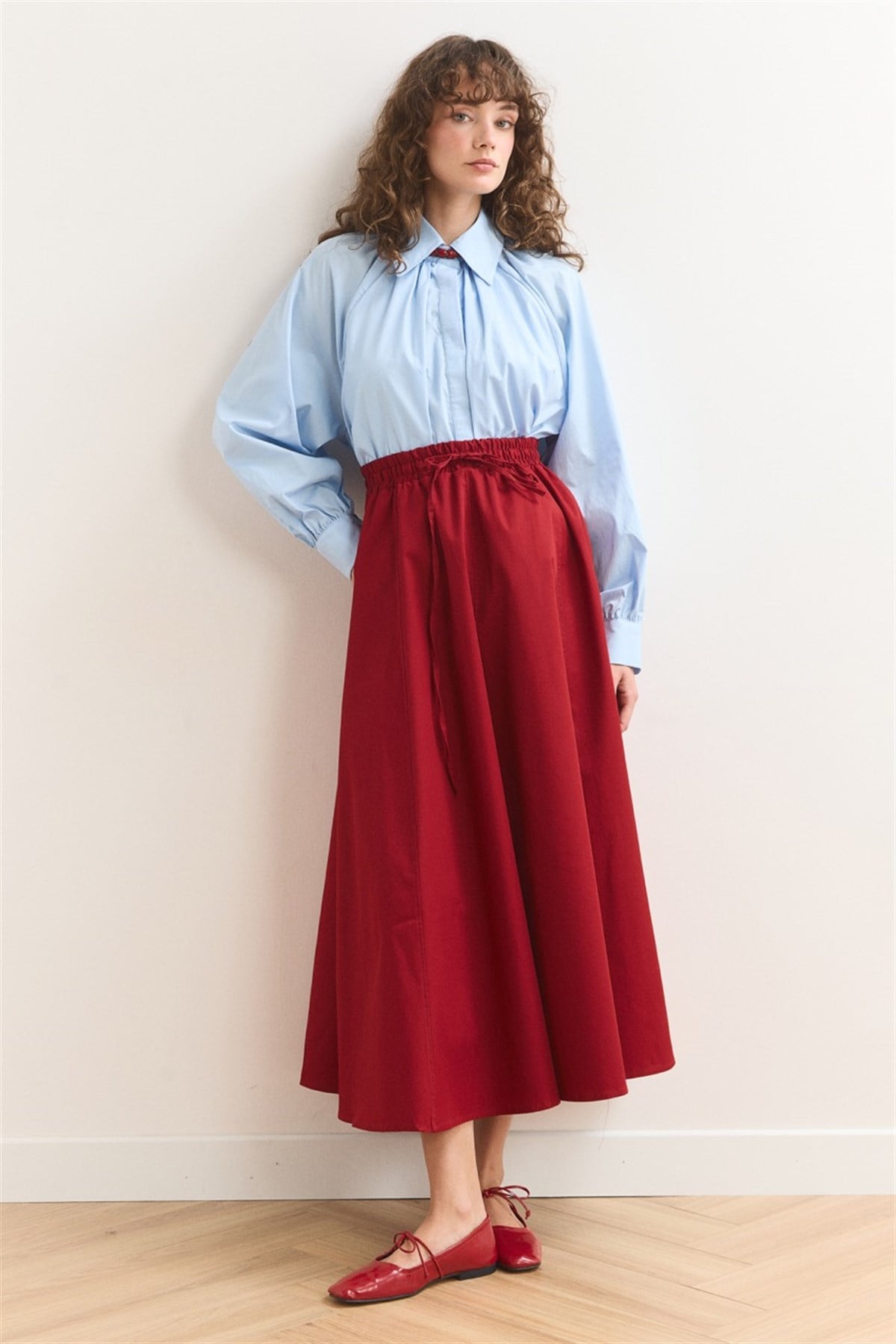 Gabardin Kloş Etek - Kırmızı