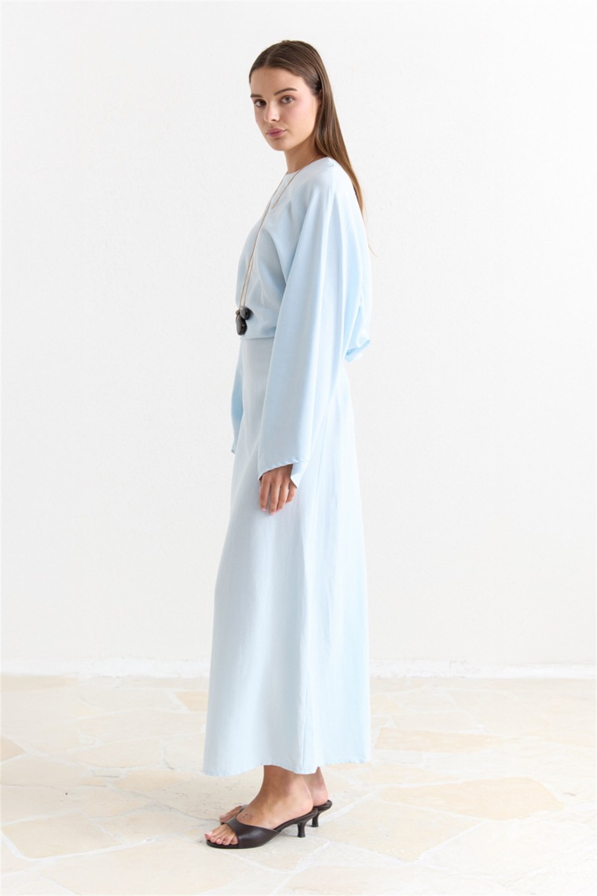 Geniş Kol Detaylı Keten Elbise - Mavi