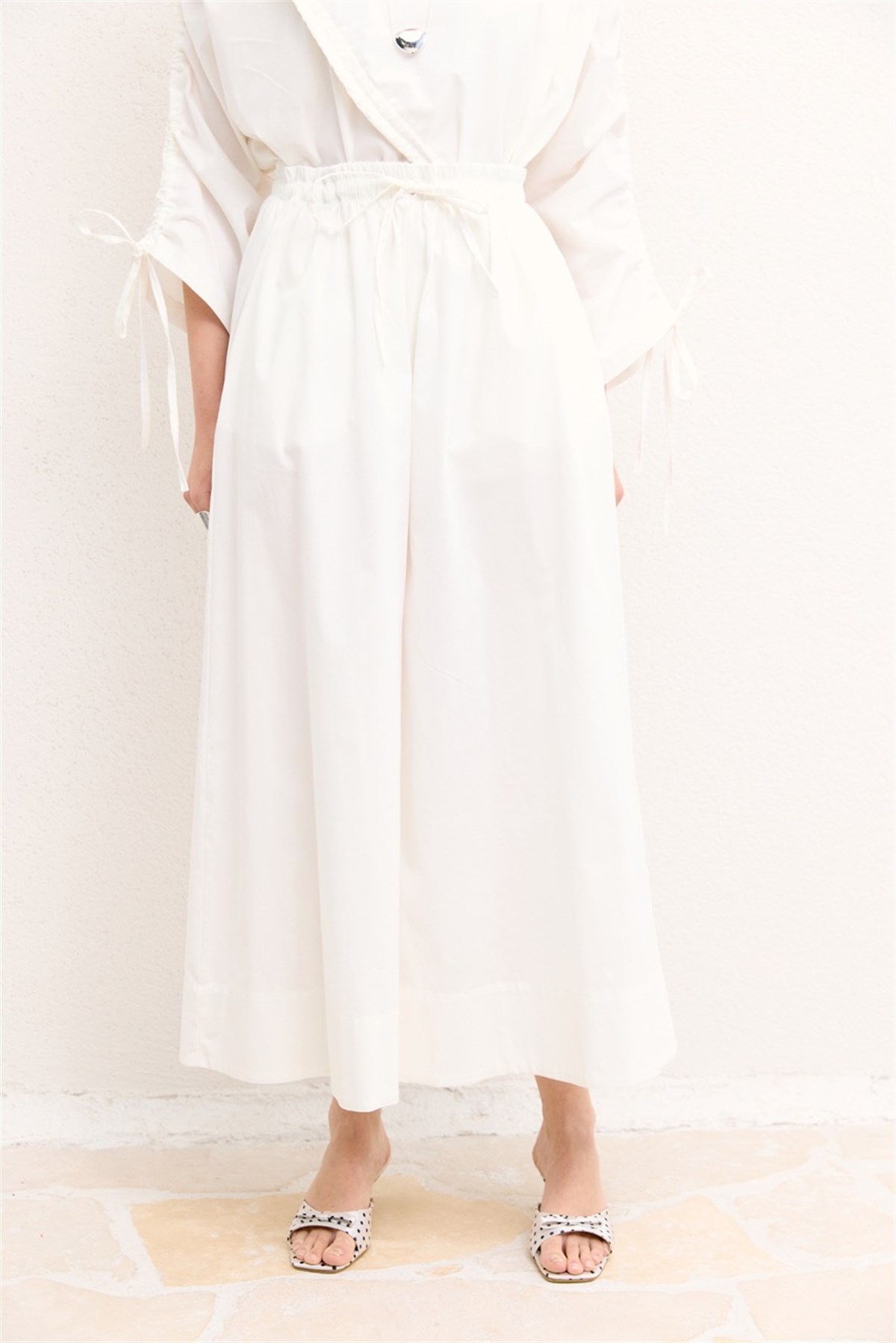 Geniş Paça Poplin Basic Pantolon - Ekru