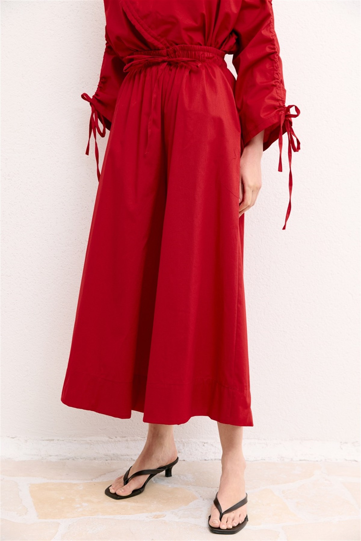 Geniş Paça Poplin Basic Pantolon - Kırmızı