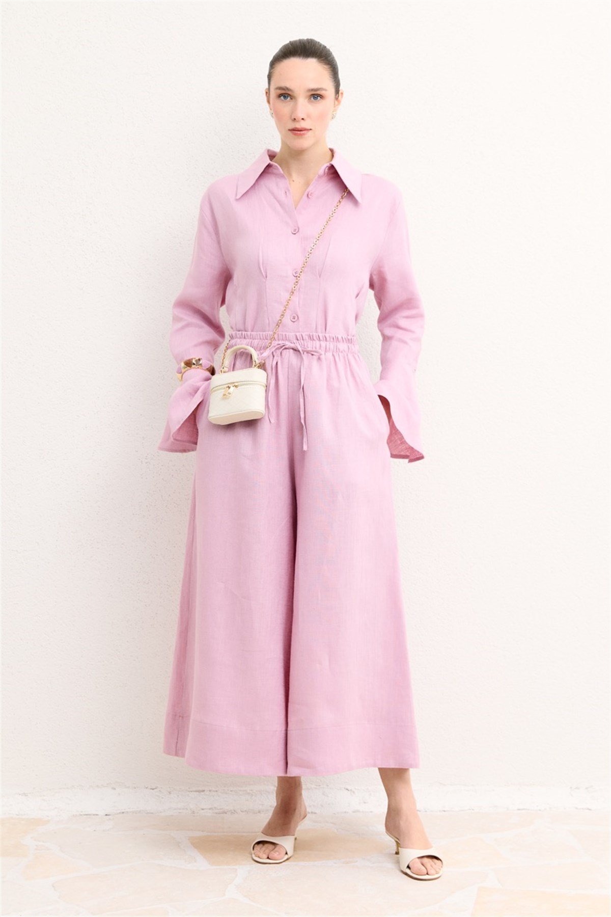 Geniş Paçalı Organik Keten Pantolon - Pembe