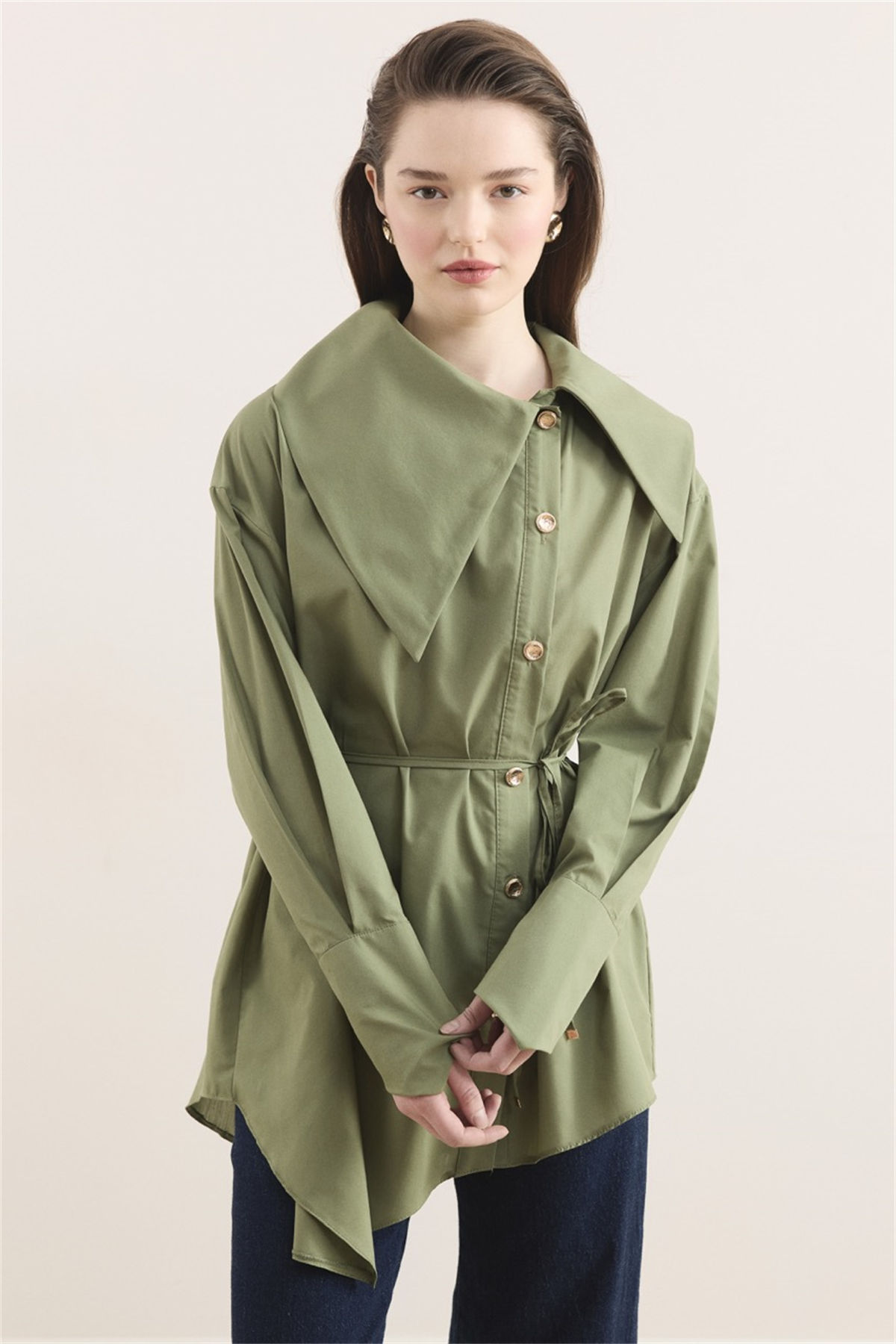 Geniş Yaka Asimetrik Gömlek - Yeşil