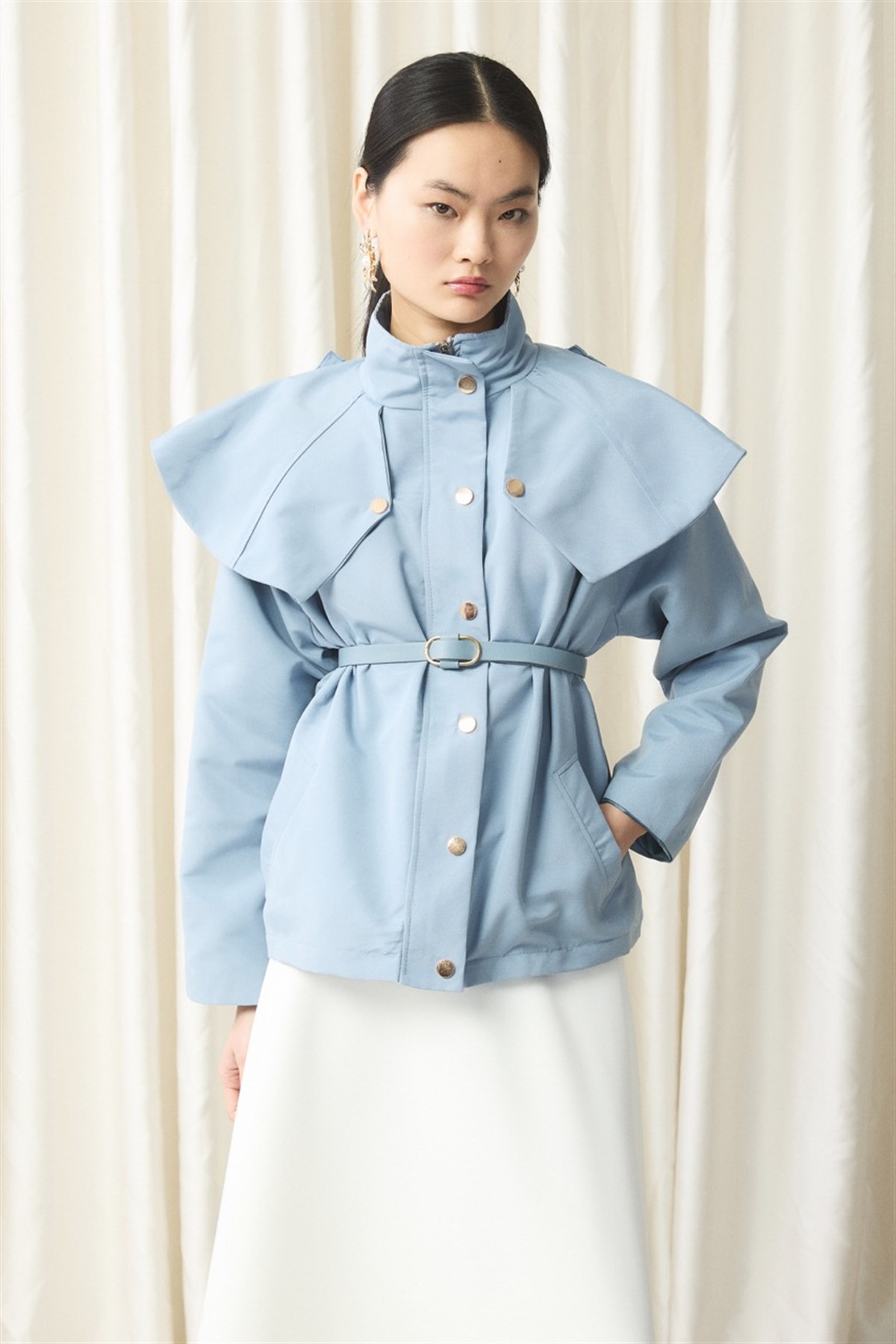 Geniş Yakalı Fırfır Detay Trenç - Mavi