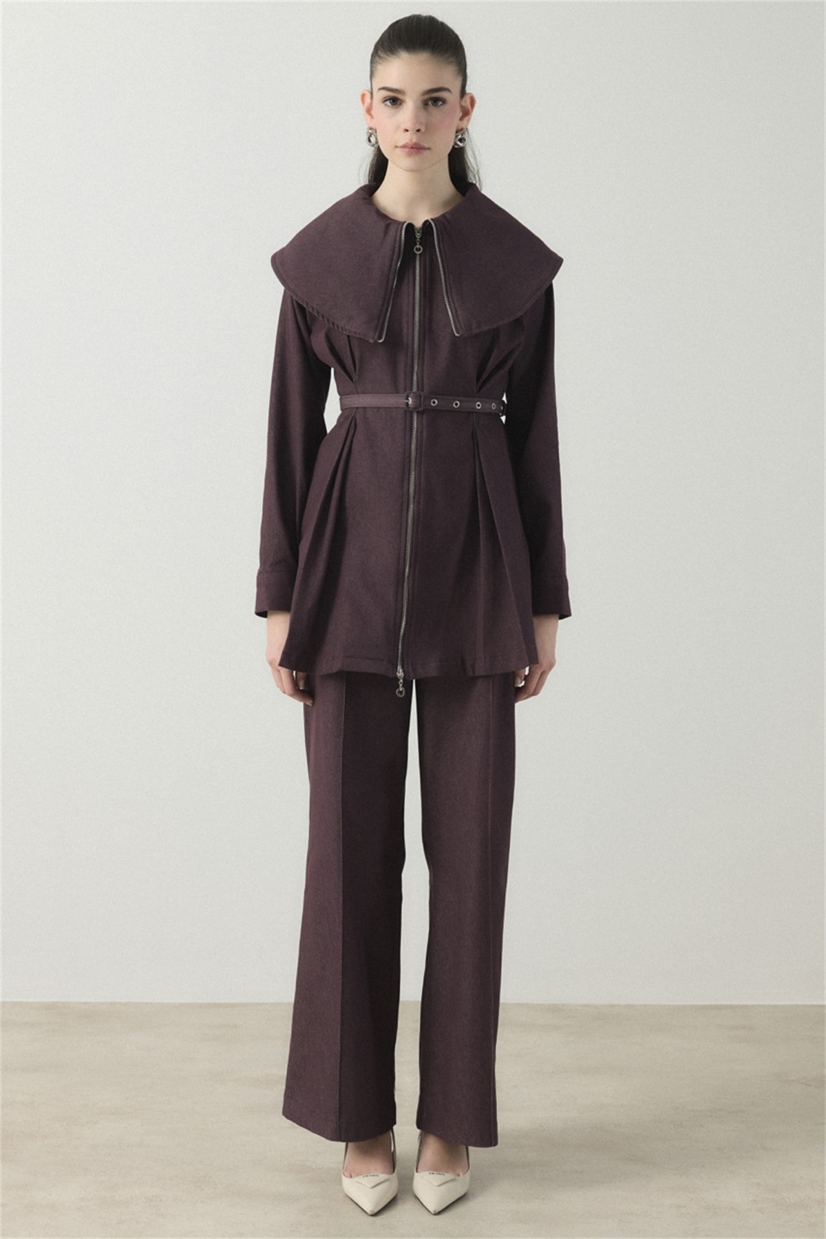 Geniş Yaka Kemerli Pantolon Takım - Bordo