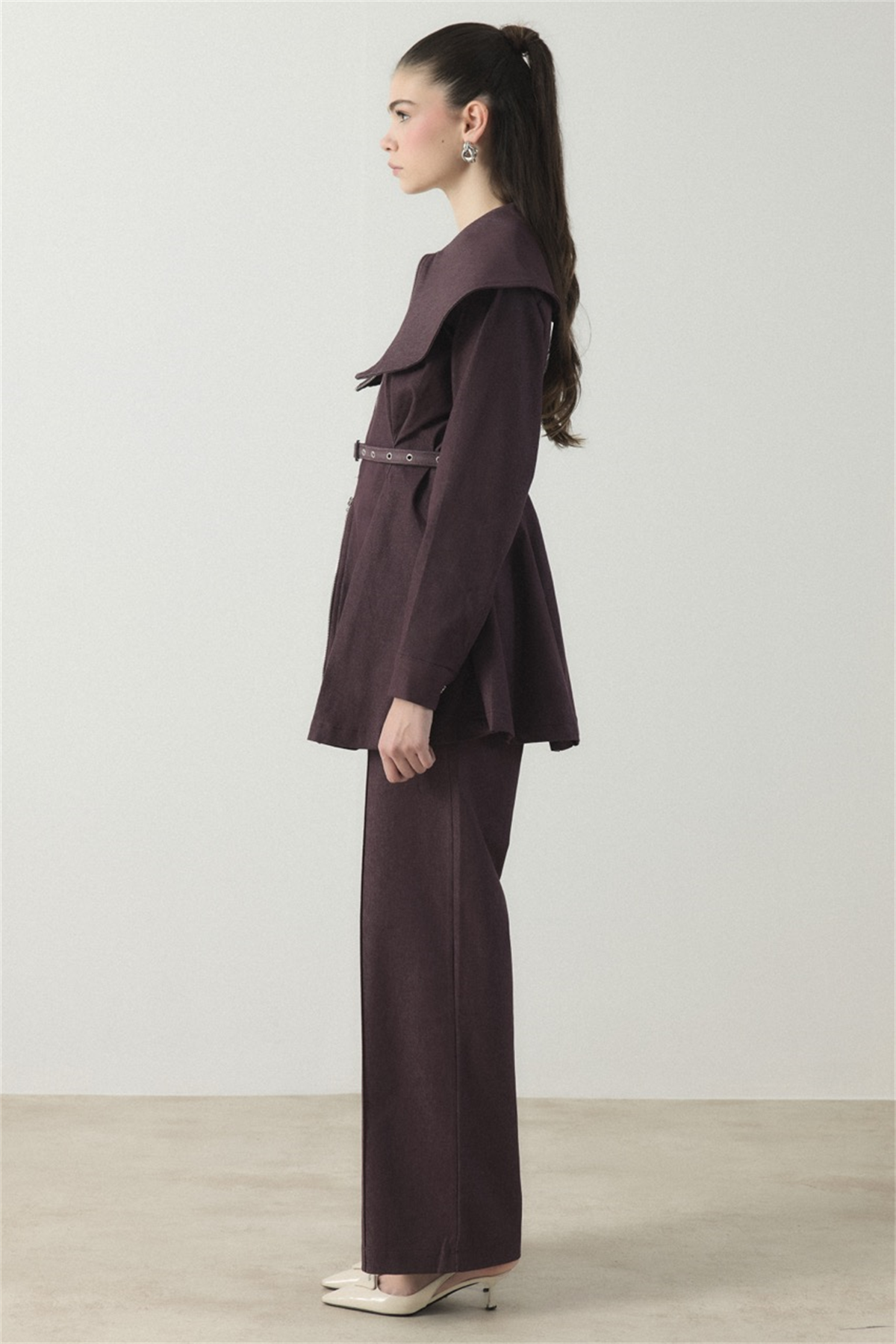 Geniş Yaka Kemerli Pantolon Takım - Bordo