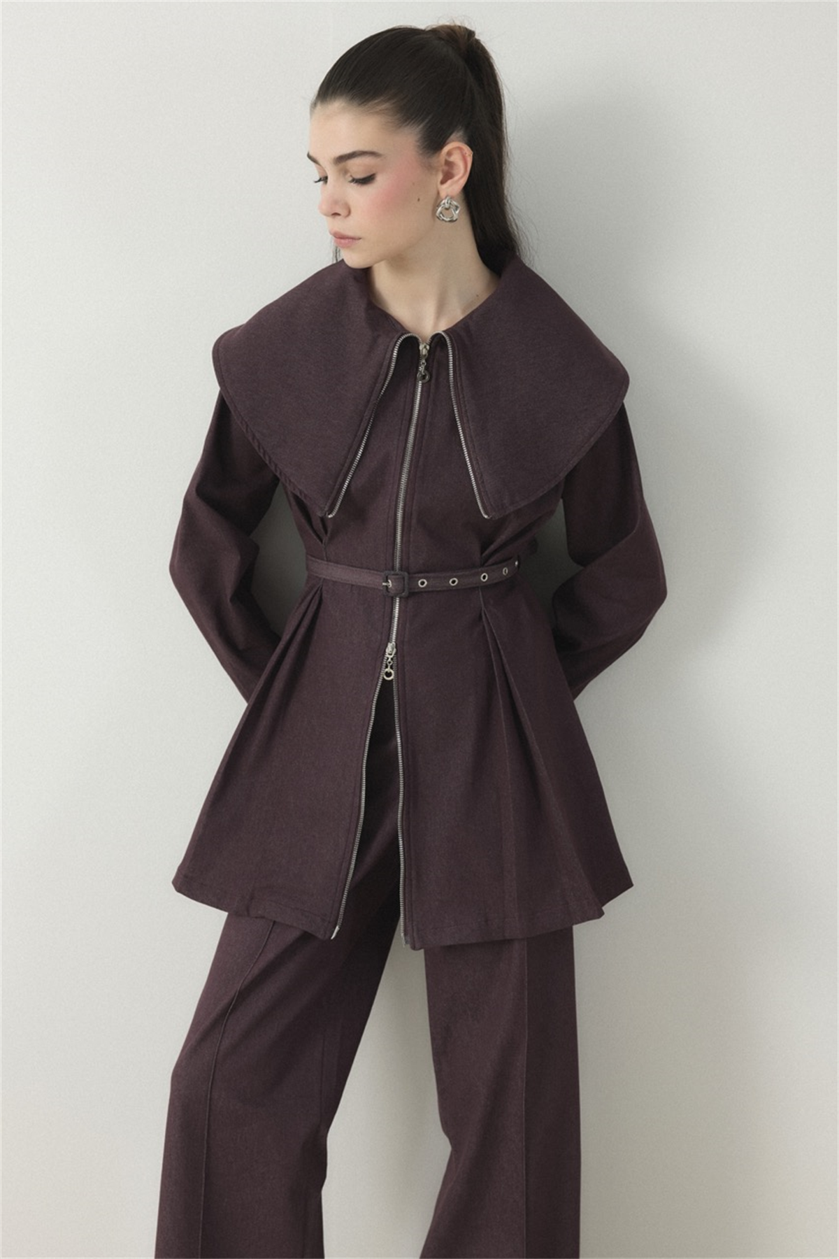 Geniş Yaka Kemerli Pantolon Takım - Bordo