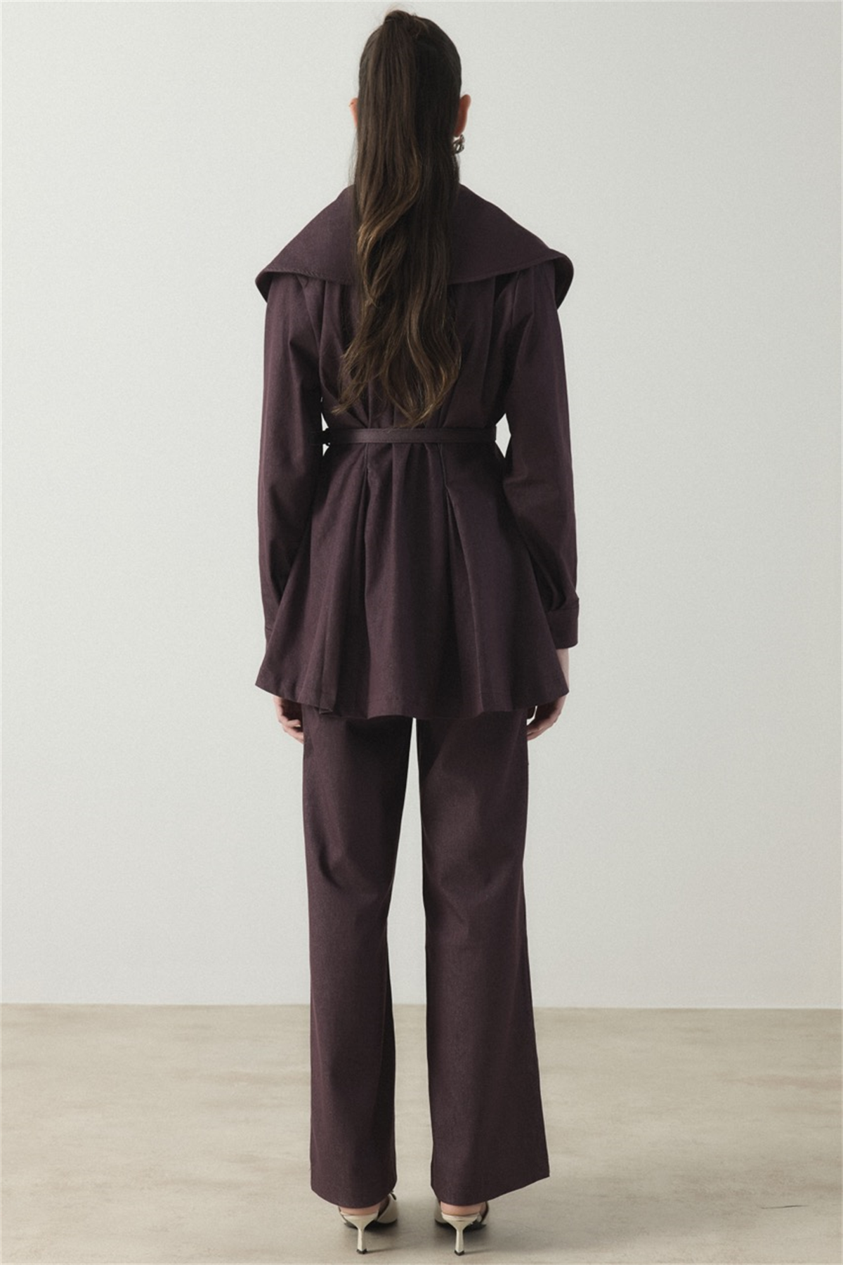 Geniş Yaka Kemerli Pantolon Takım - Bordo