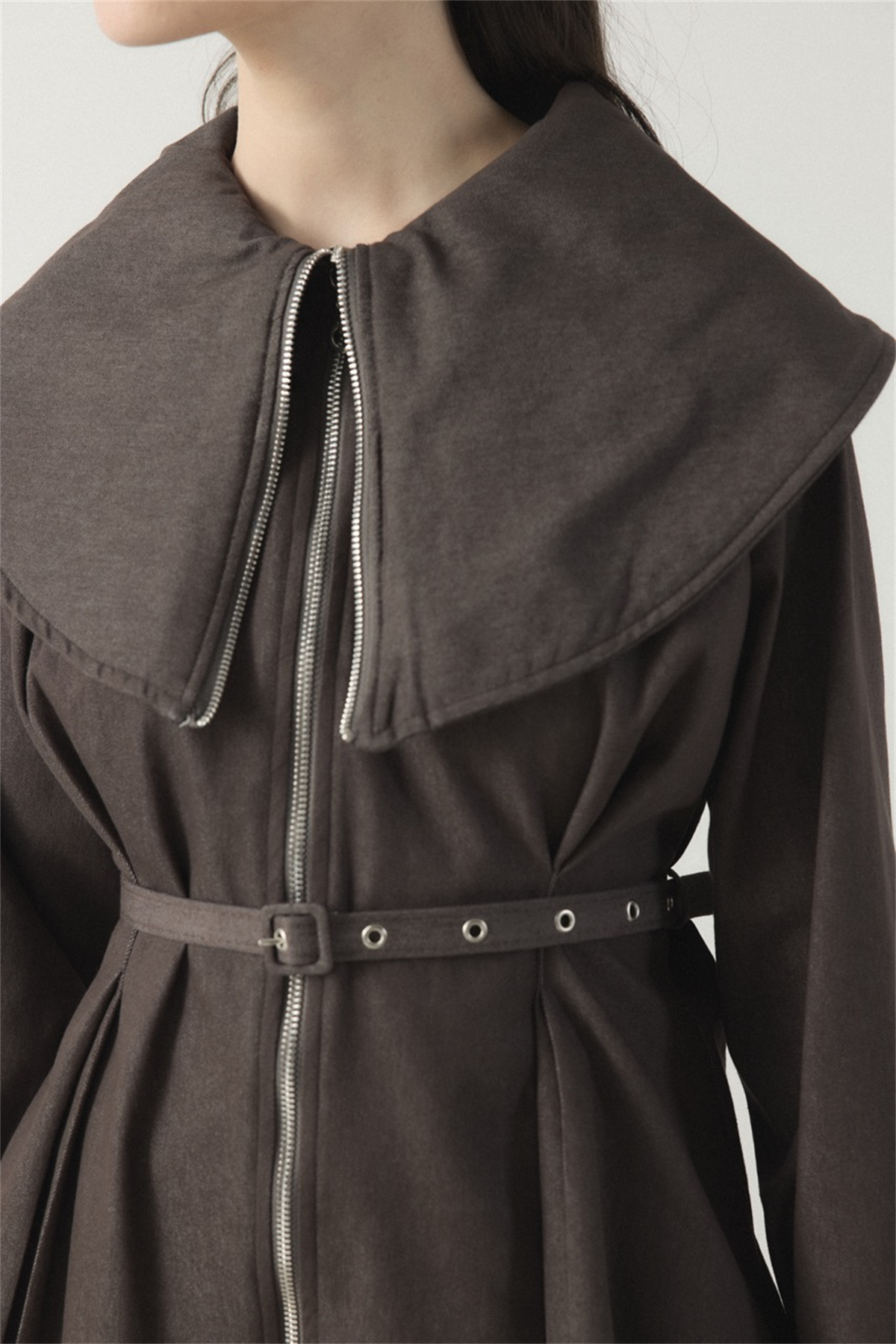 Geniş Yaka Kemerli Pantolon Takım - Kahve