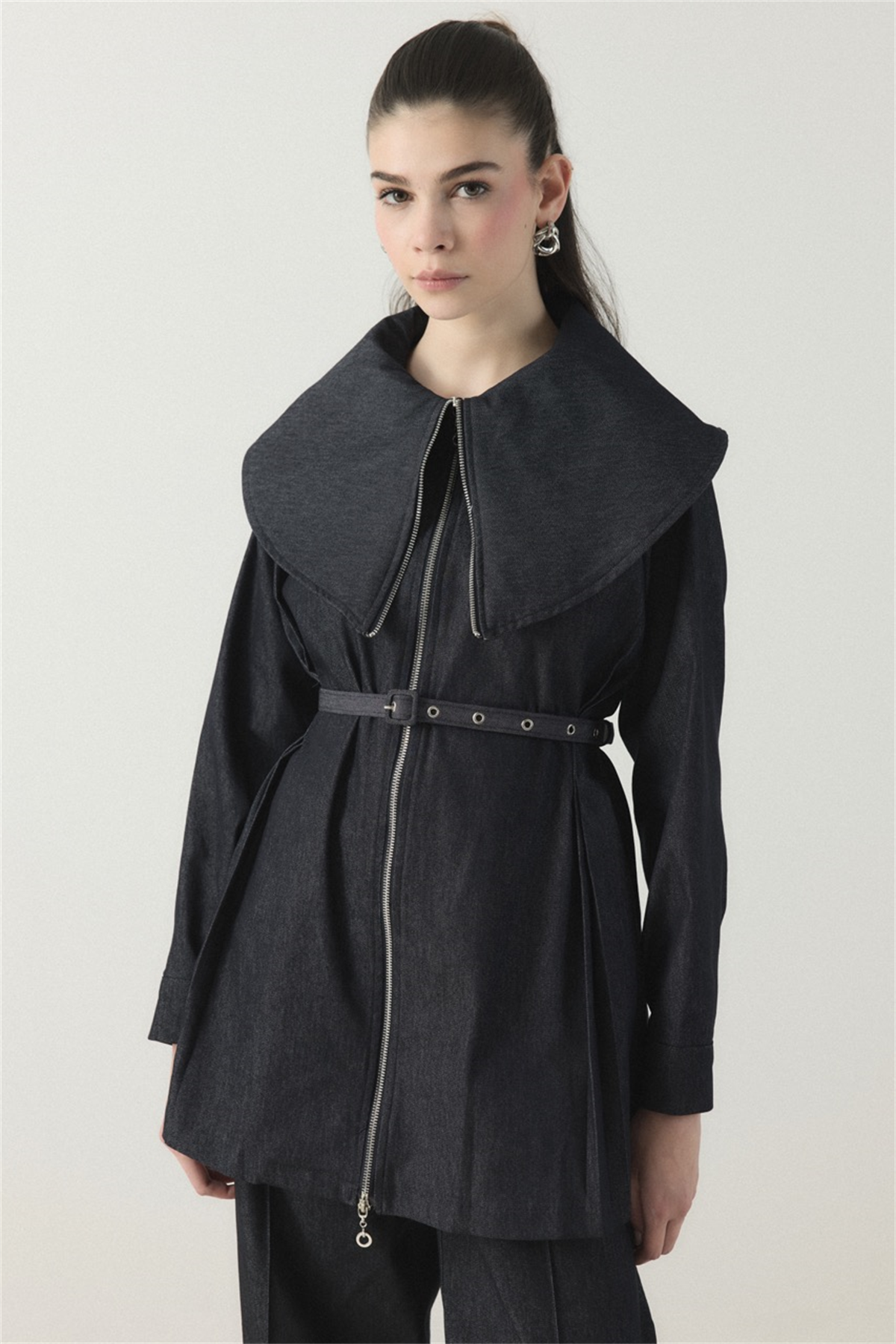 Geniş Yaka Kemerli Pantolon Takım - Lacivert