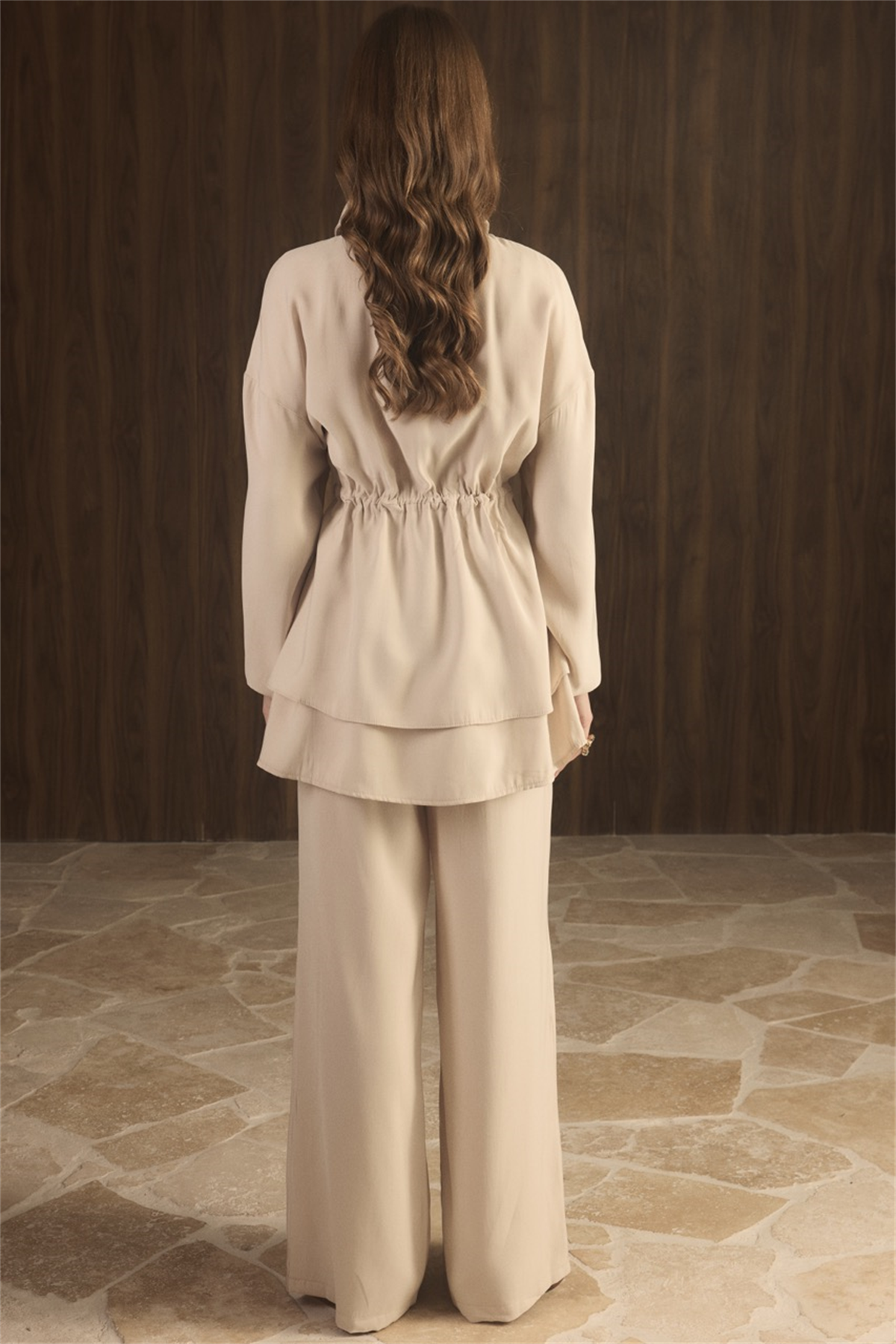 Geniş Yakalı Bel Tünelli Takım - Taş