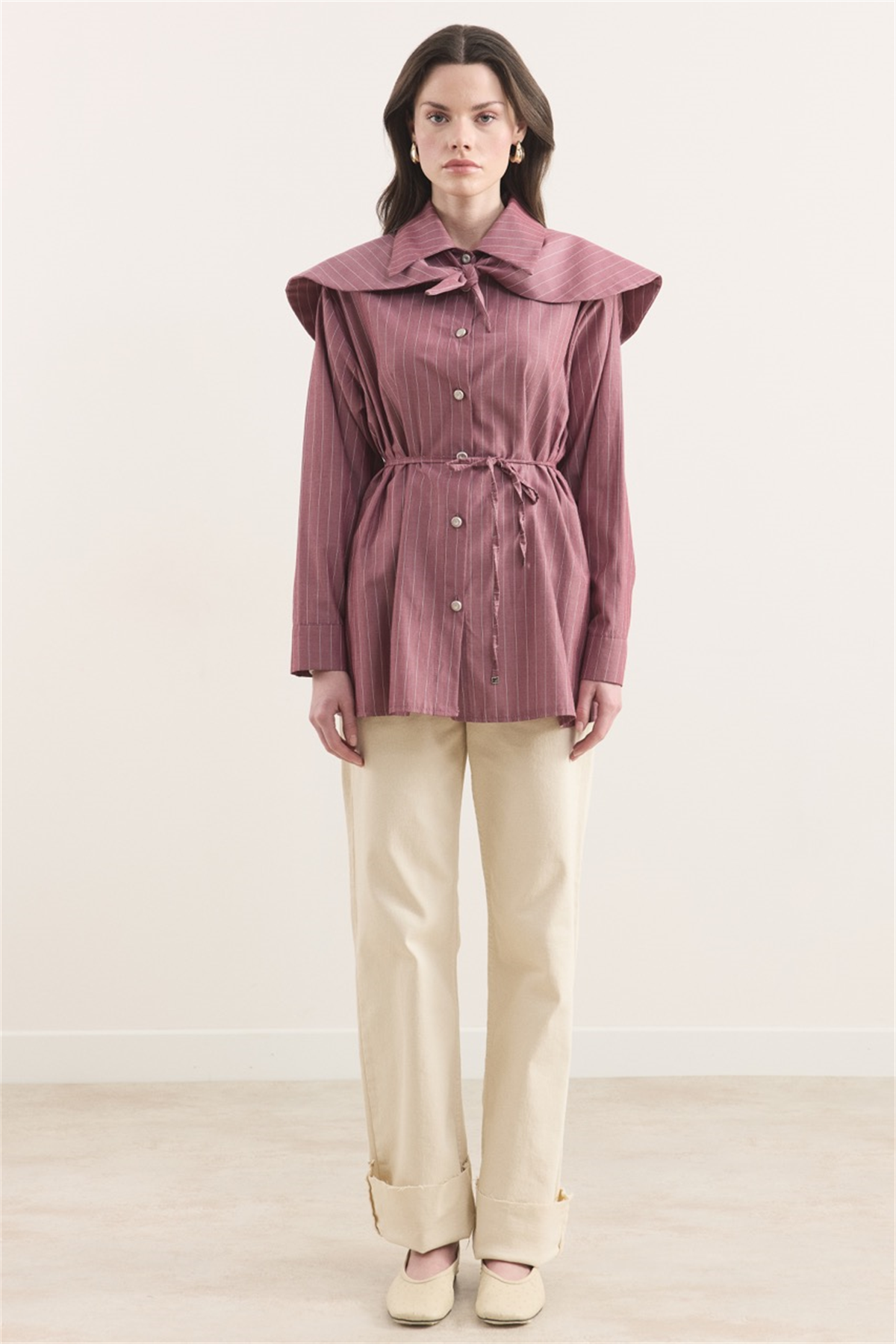 Geniş Yakalı Çizgili Gömlek - Bordo