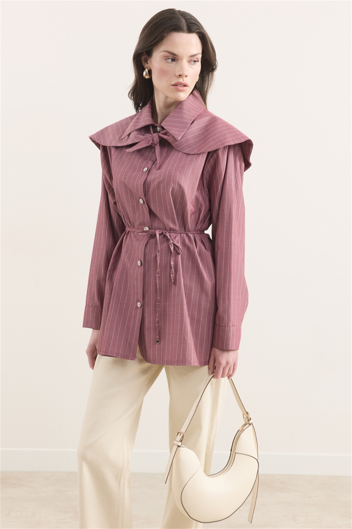 Geniş Yakalı Çizgili Gömlek - Bordo
