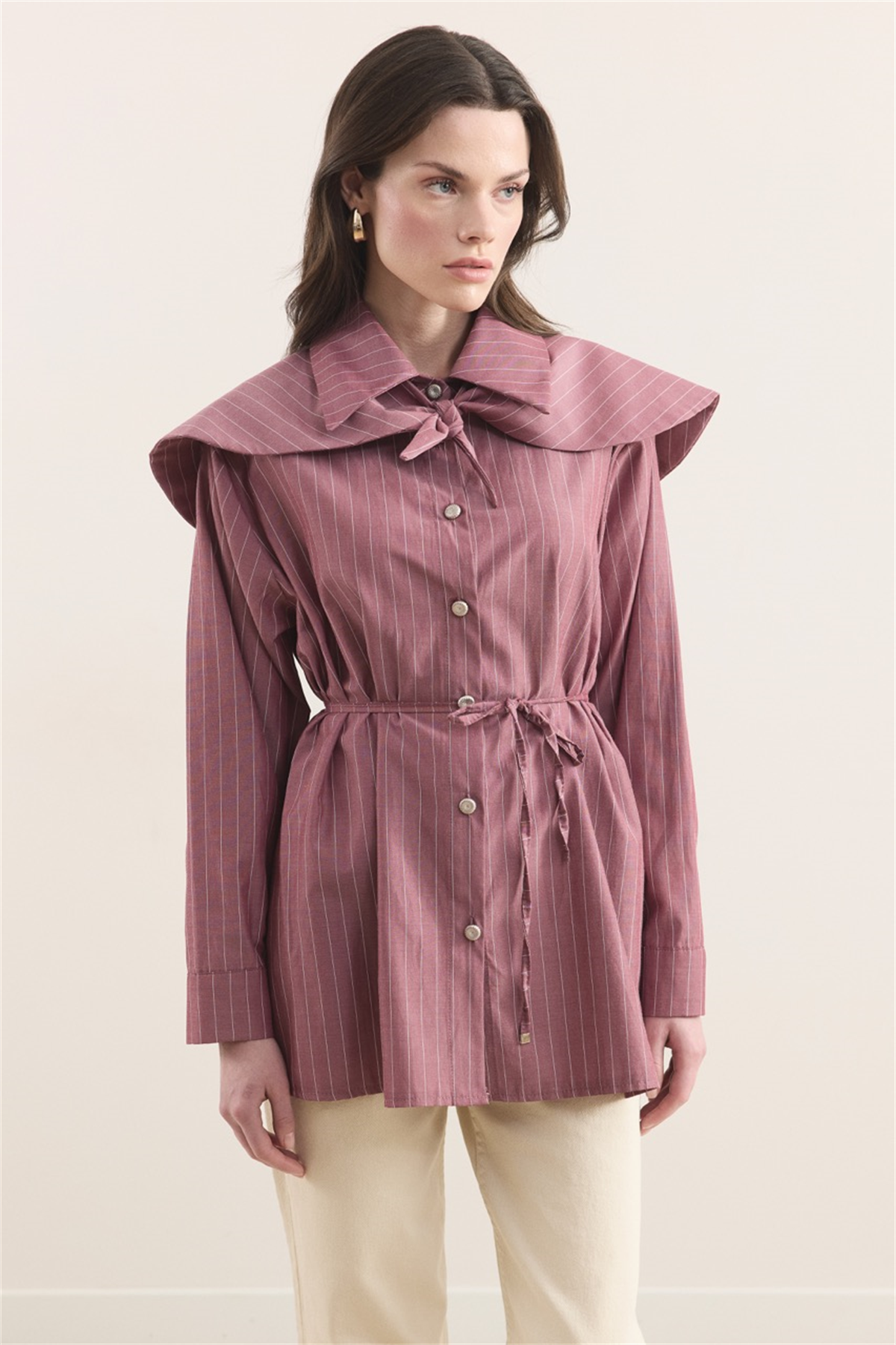 Geniş Yakalı Çizgili Gömlek - Bordo
