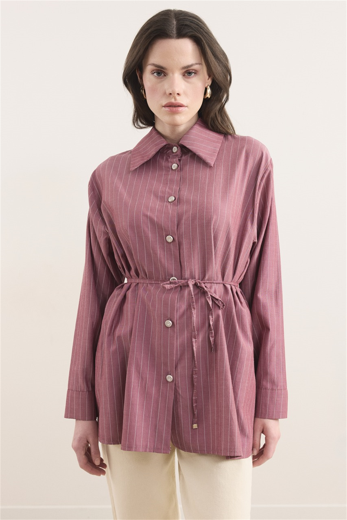 Geniş Yakalı Çizgili Gömlek - Bordo