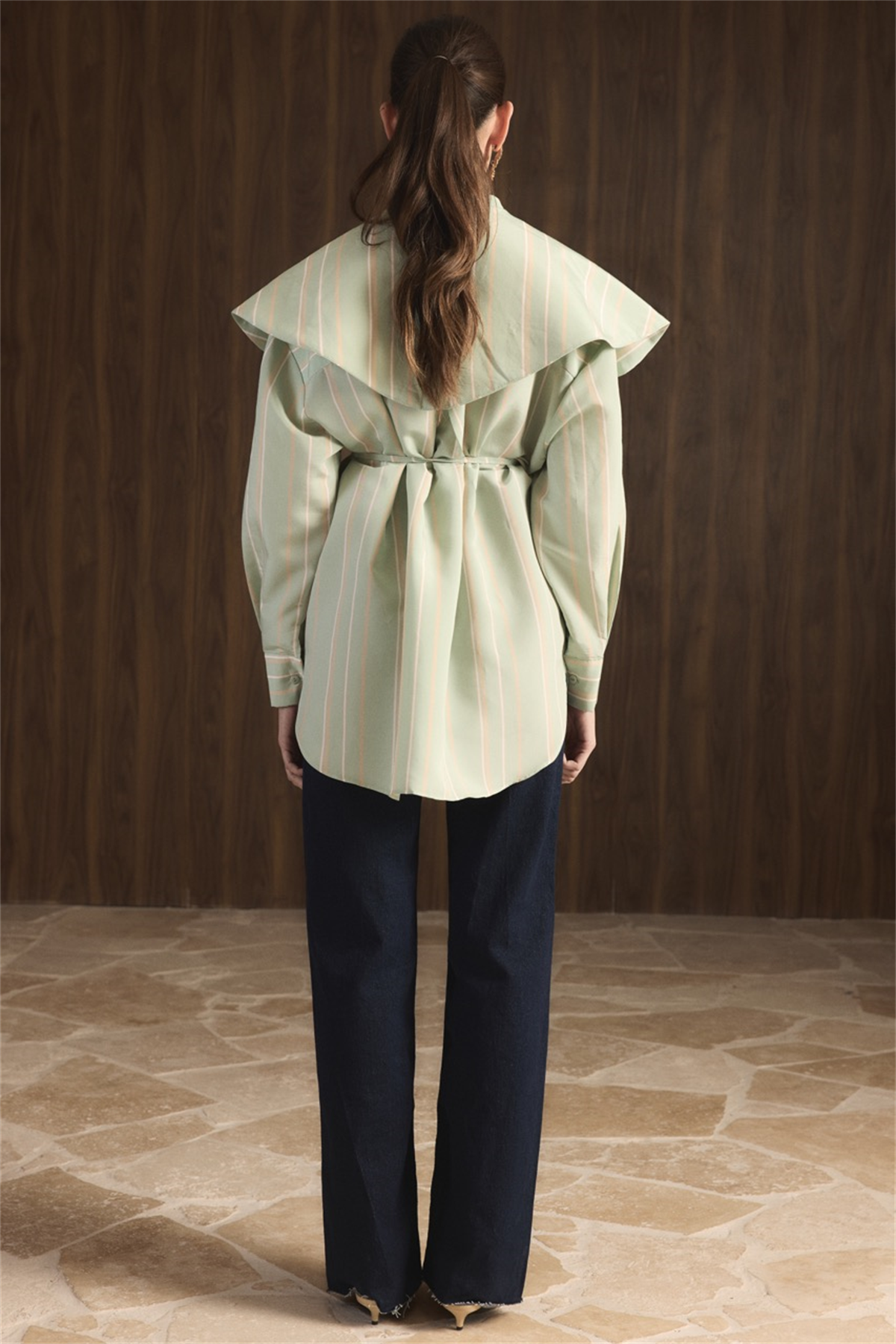 Geniş Yakalı Çizgili Gömlek - Mint