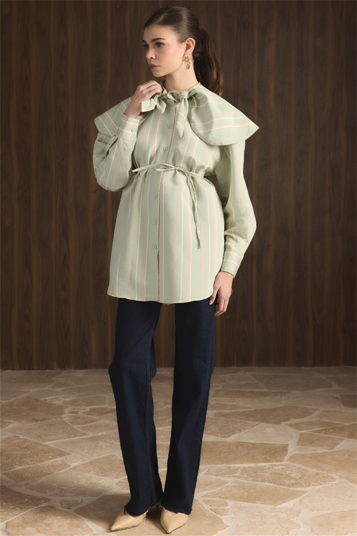 Geniş Yakalı Çizgili Gömlek - Mint