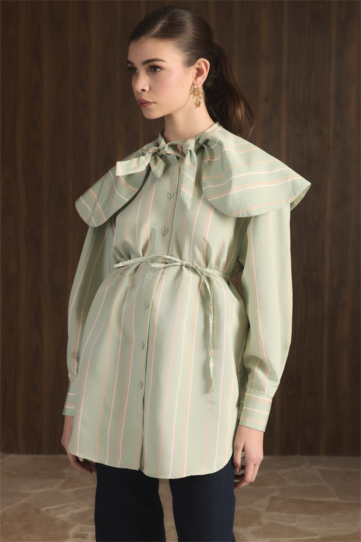 Geniş Yakalı Çizgili Gömlek - Mint