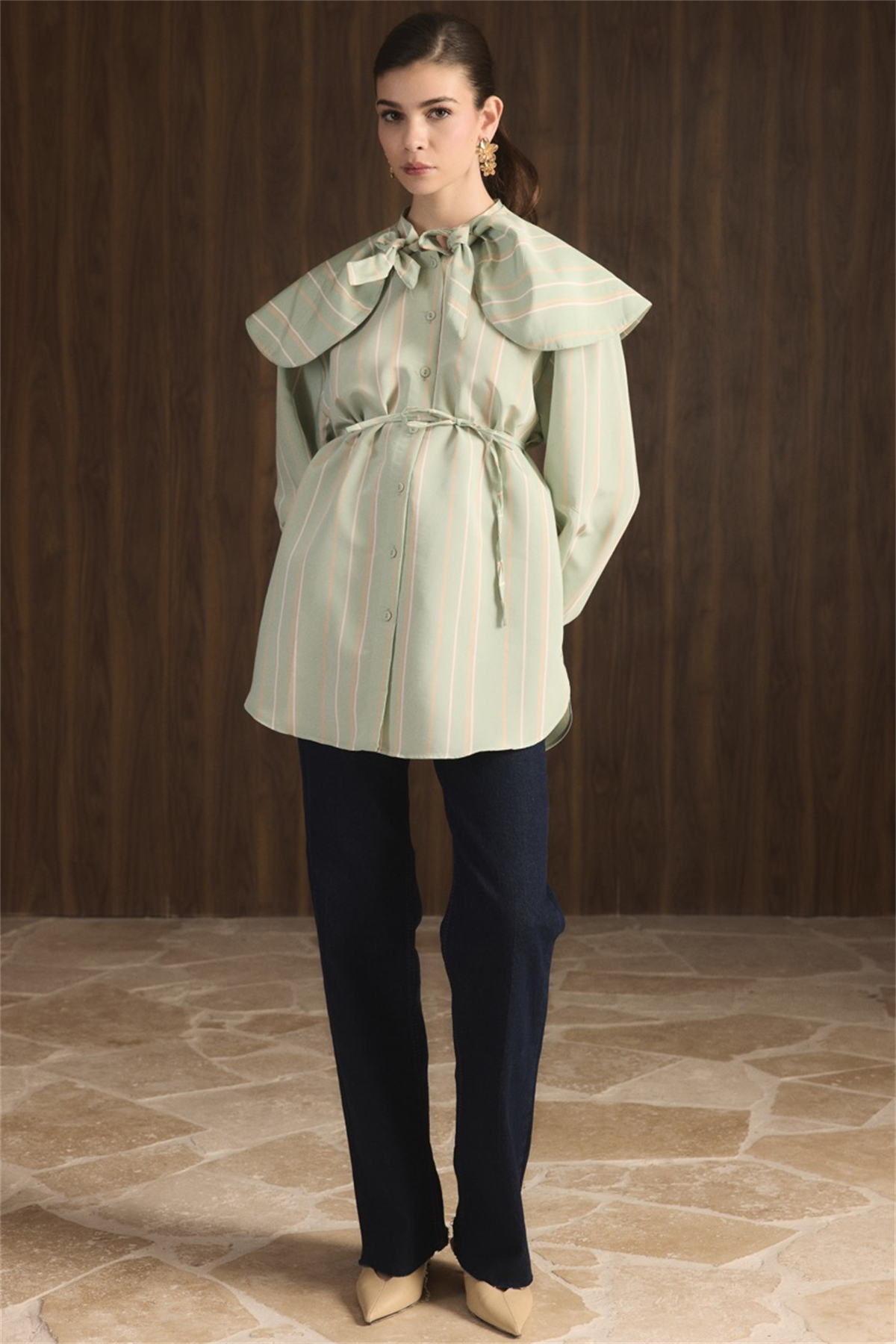 Geniş Yakalı Çizgili Gömlek - Mint