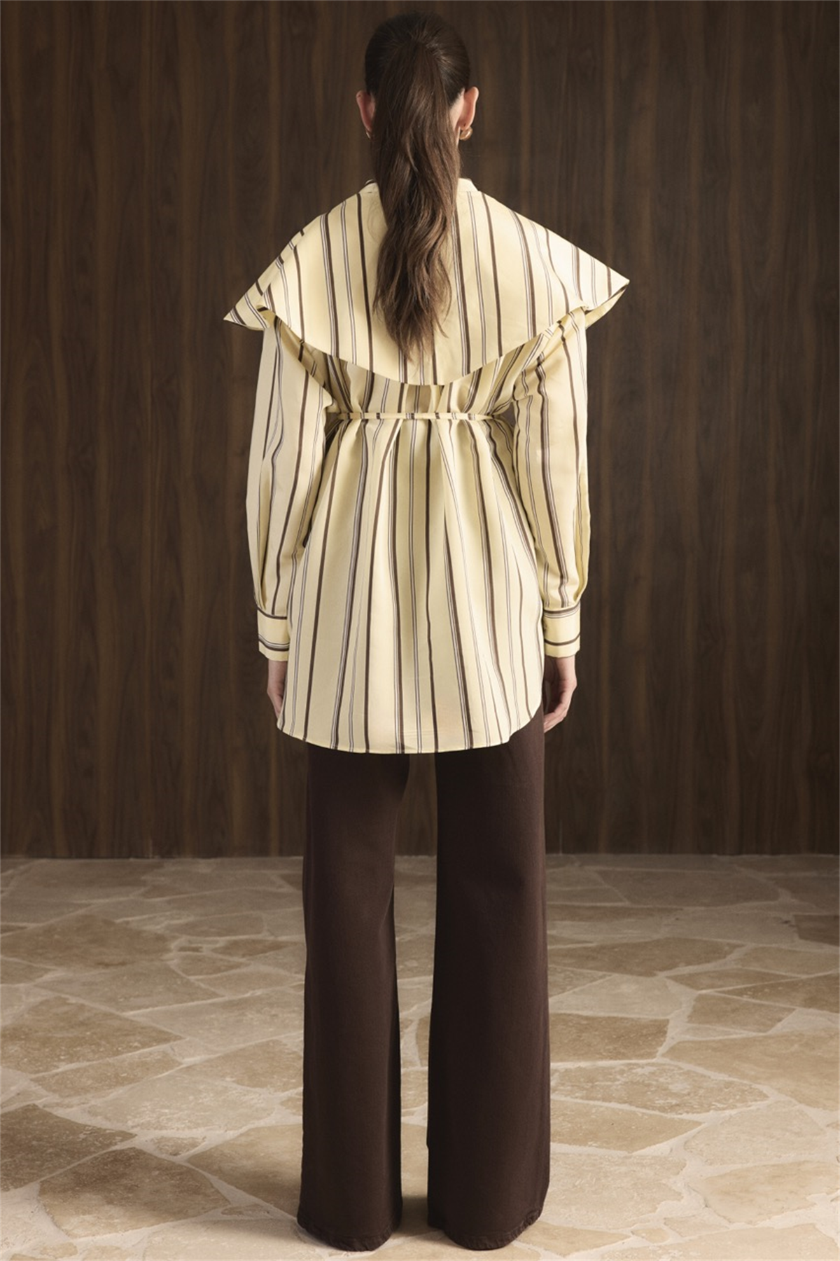 Geniş Yakalı Çizgili Gömlek - Sarı