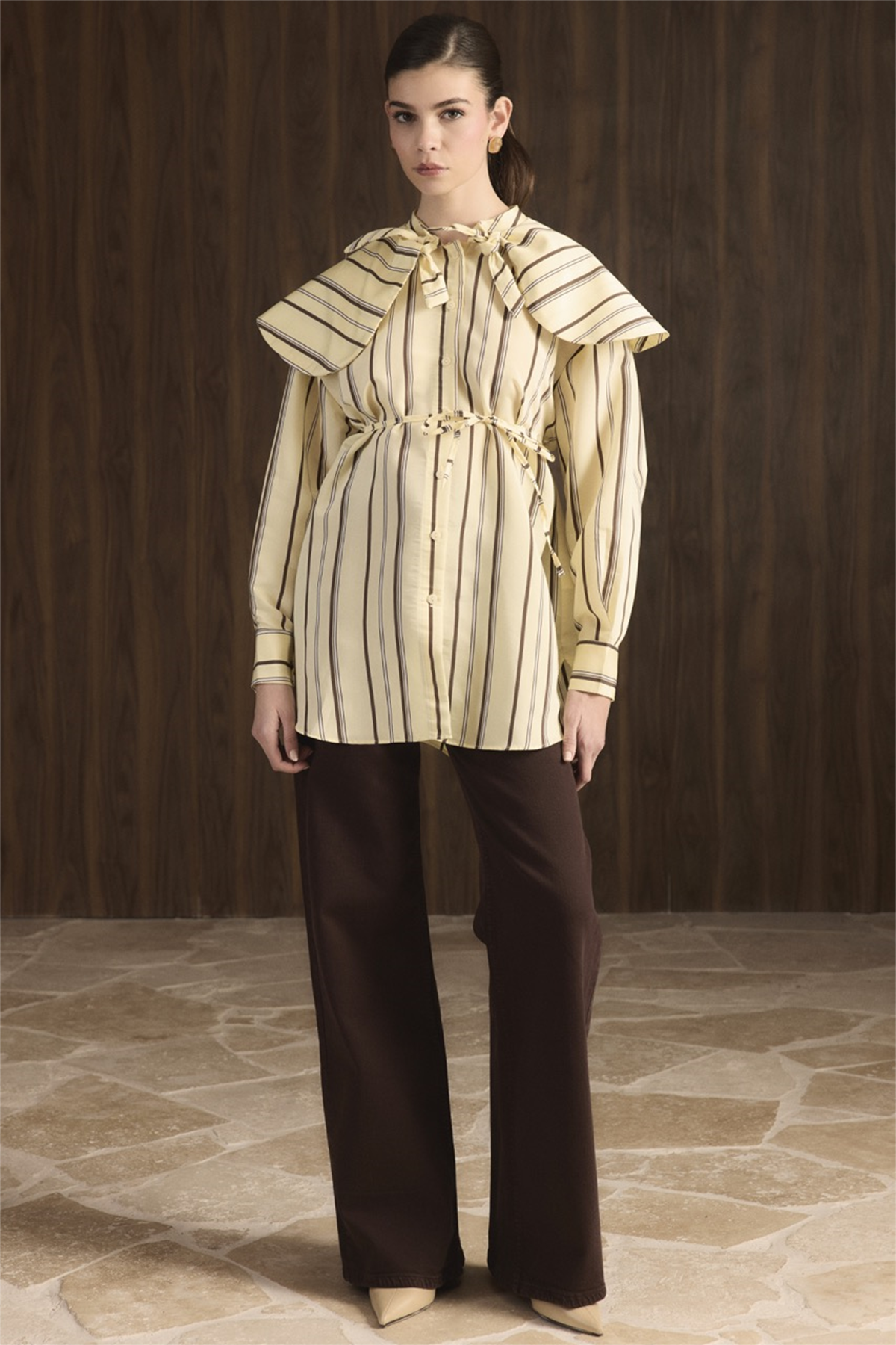 Geniş Yakalı Çizgili Gömlek - Sarı