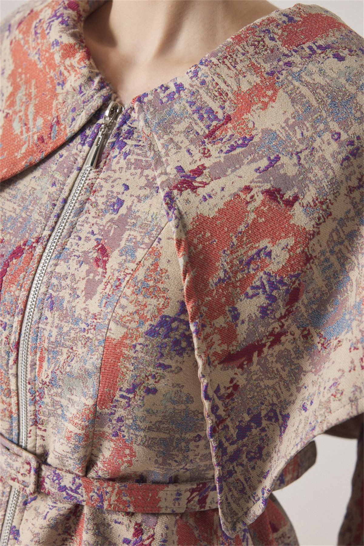 Geniş Yakalı Jakar Ceket - Bej