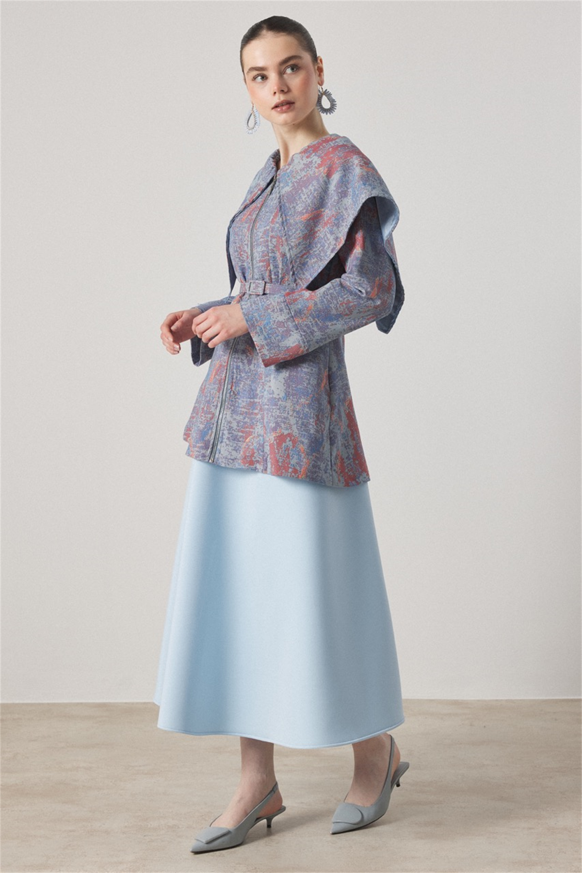 Geniş Yakalı Jakar Ceket - Mavi