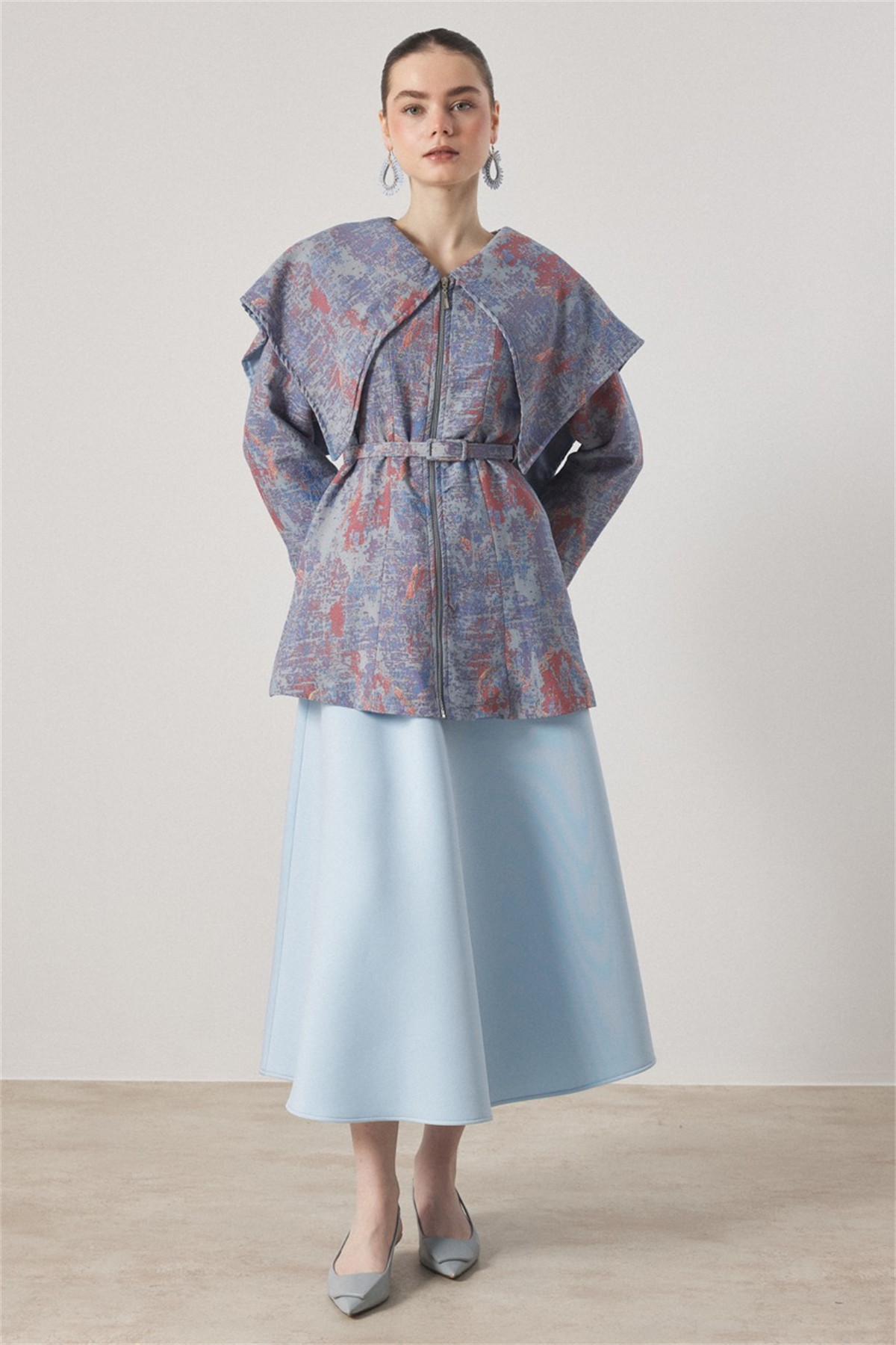 Geniş Yakalı Jakar Ceket - Mavi