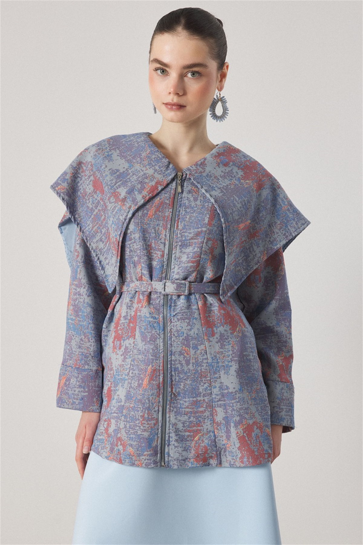 Geniş Yakalı Jakar Ceket - Mavi