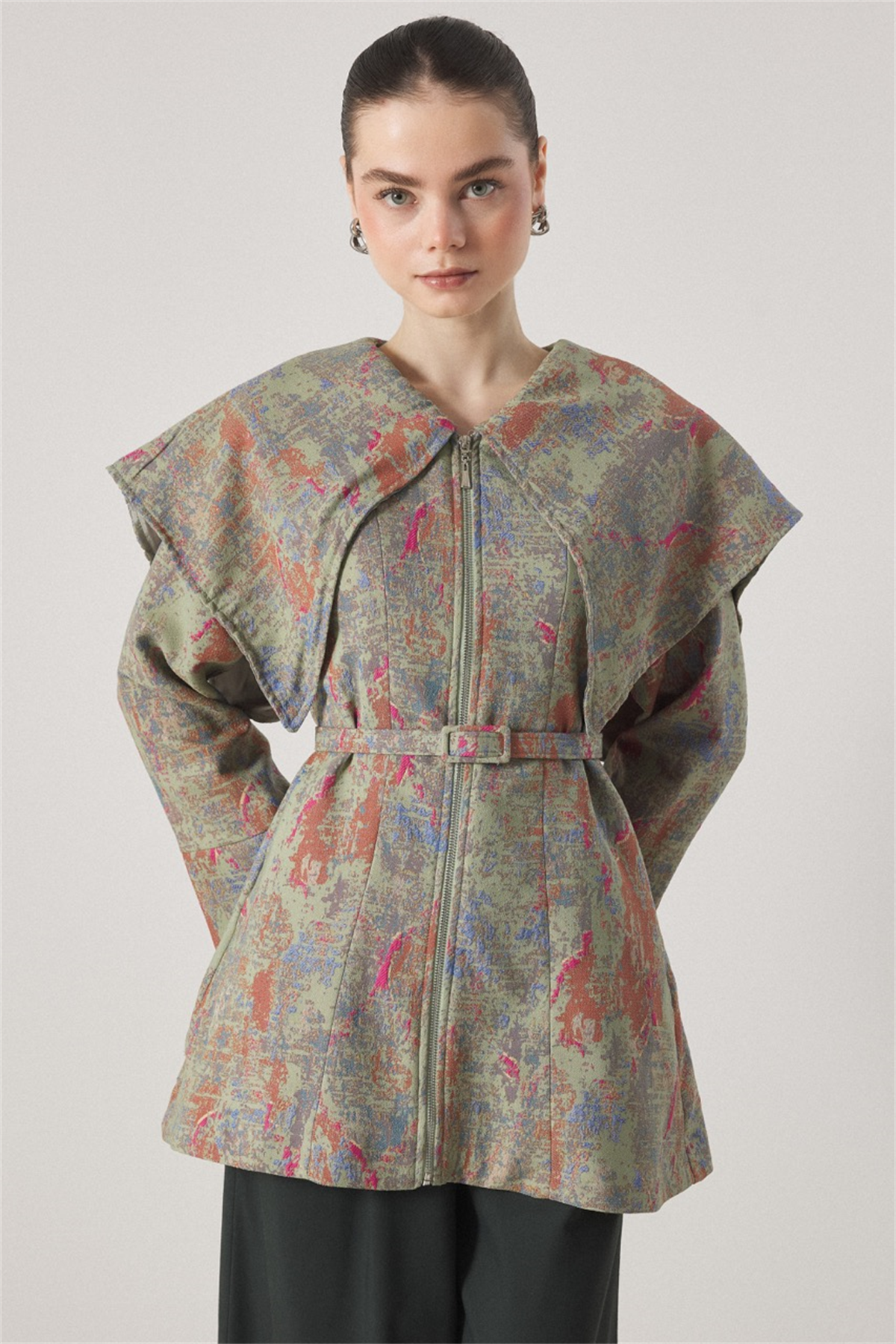 Geniş Yakalı Jakar Ceket - Mint