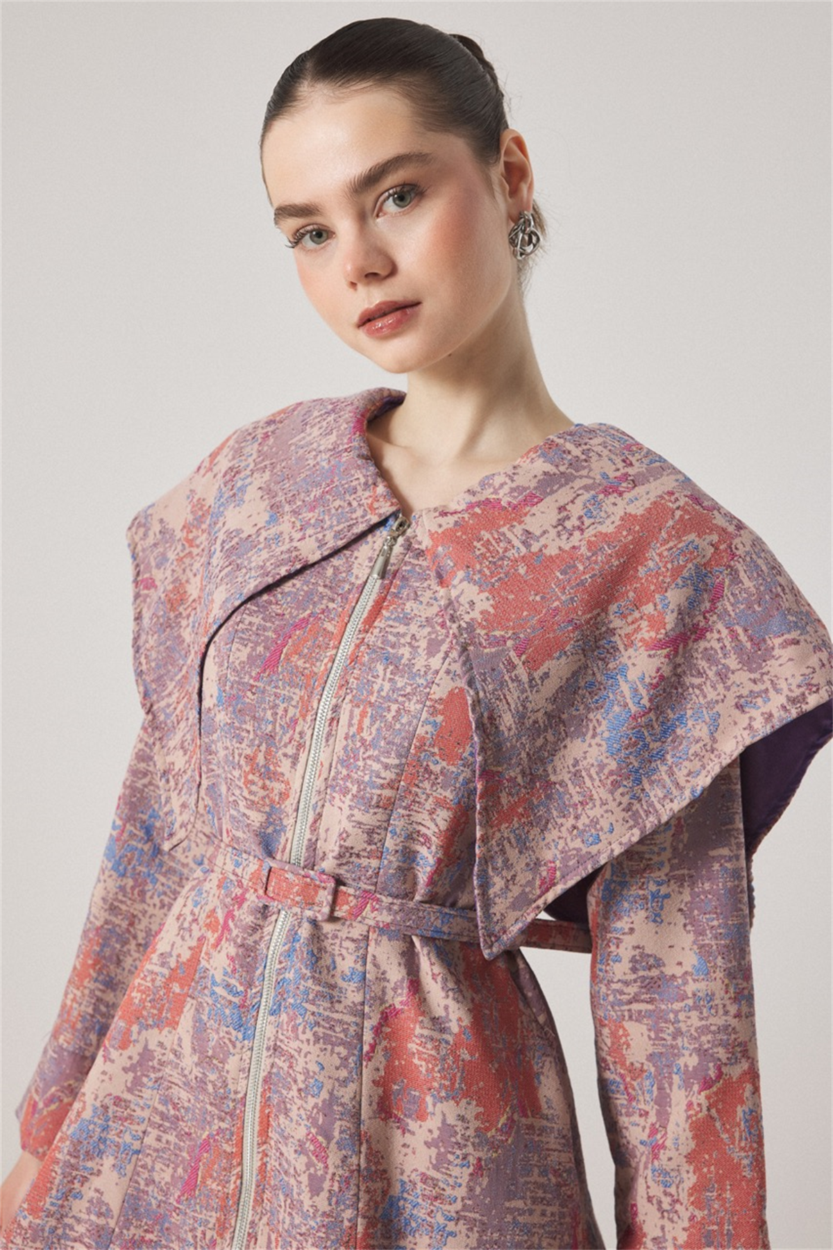 Geniş Yakalı Jakar Ceket - Pudra