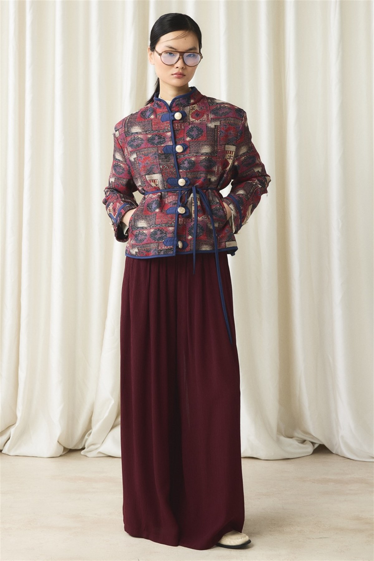 Gold Düğmeli Jakar Ceket - Kırmızı