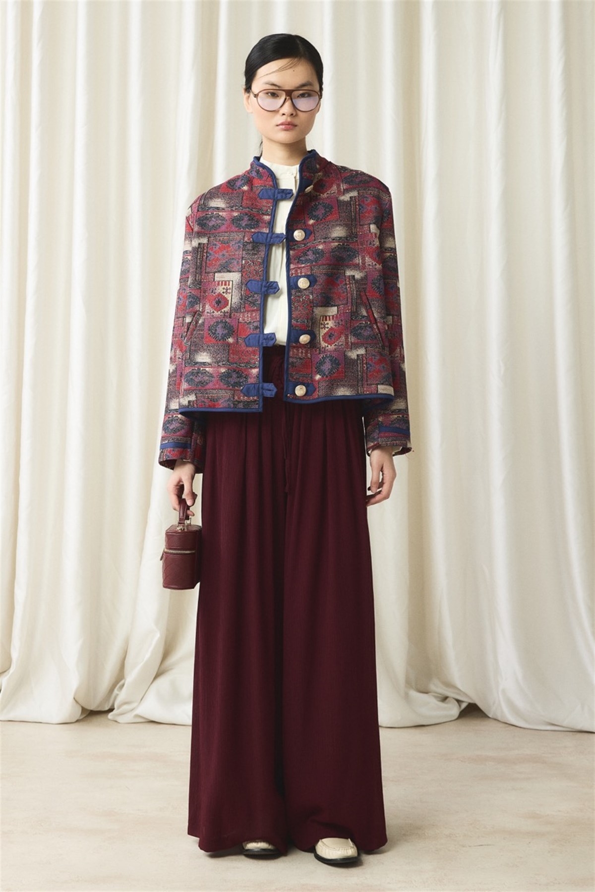 Gold Düğmeli Jakar Ceket - Kırmızı