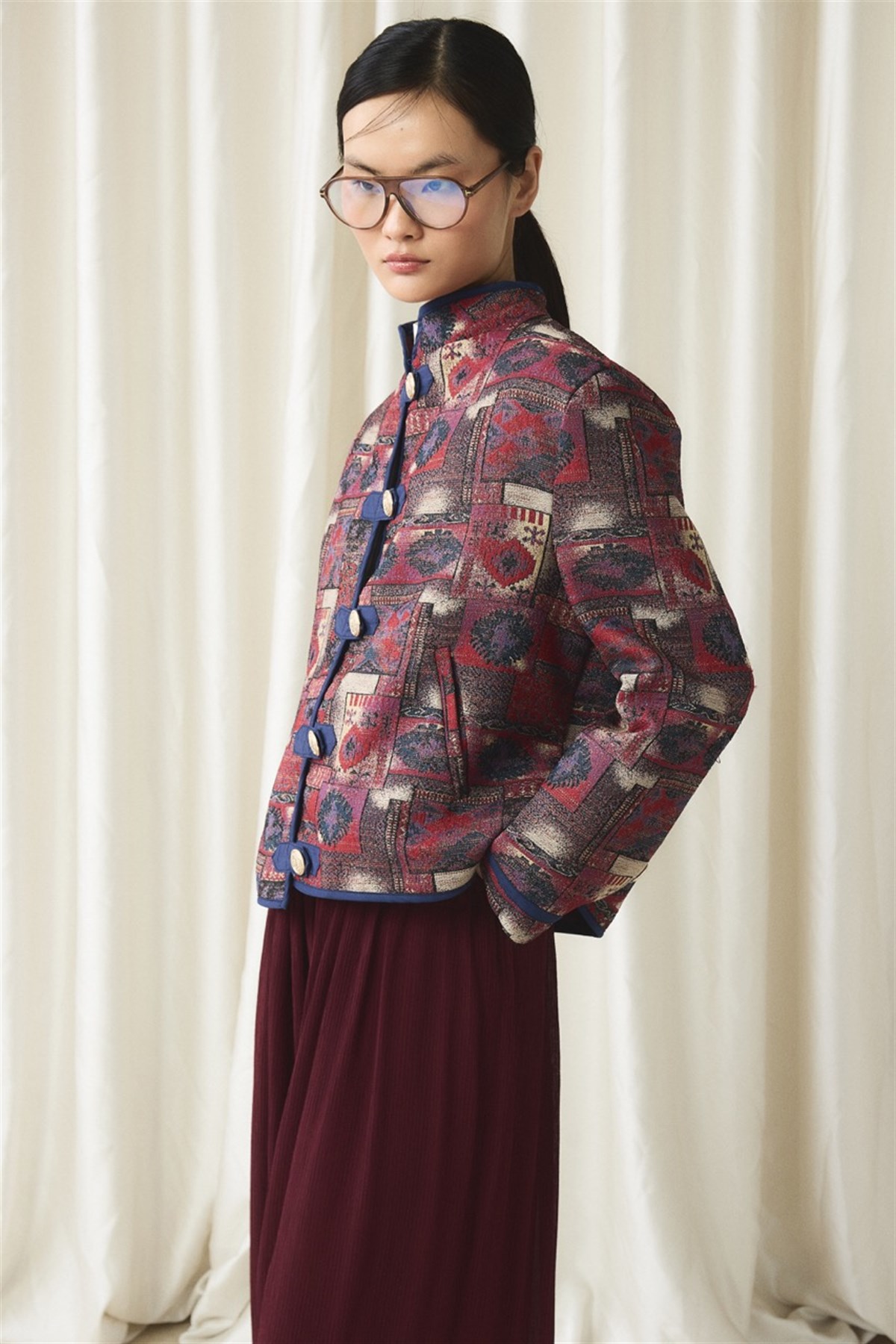 Gold Düğmeli Jakar Ceket - Kırmızı