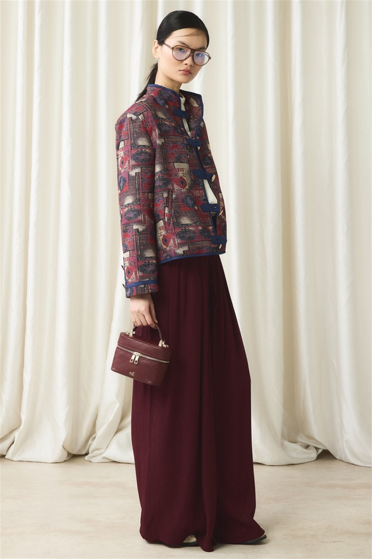 Gold Düğmeli Jakar Ceket - Kırmızı