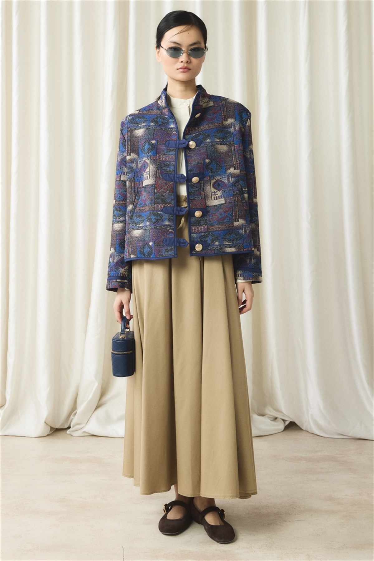 Gold Düğmeli Jakar Ceket - Lacivert