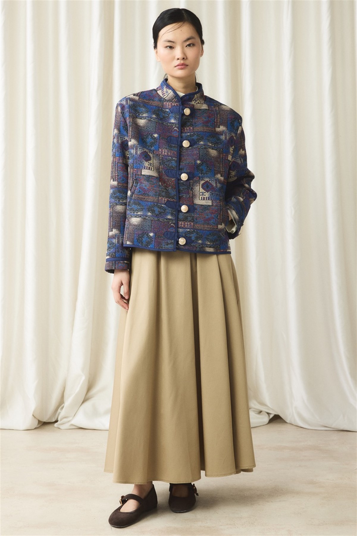 Gold Düğmeli Jakar Ceket - Lacivert