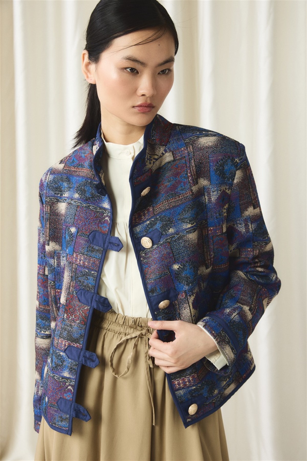 Gold Düğmeli Jakar Ceket - Lacivert