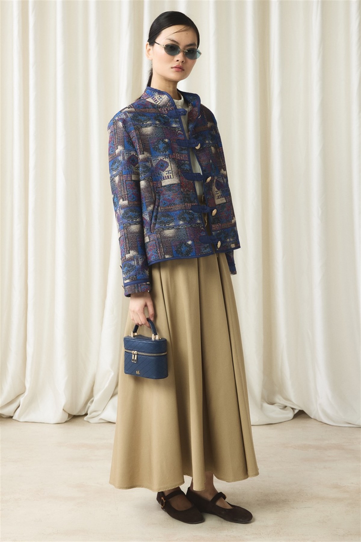 Gold Düğmeli Jakar Ceket - Lacivert