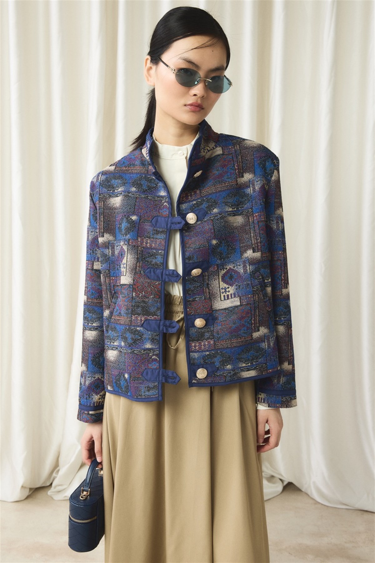 Gold Düğmeli Jakar Ceket - Lacivert