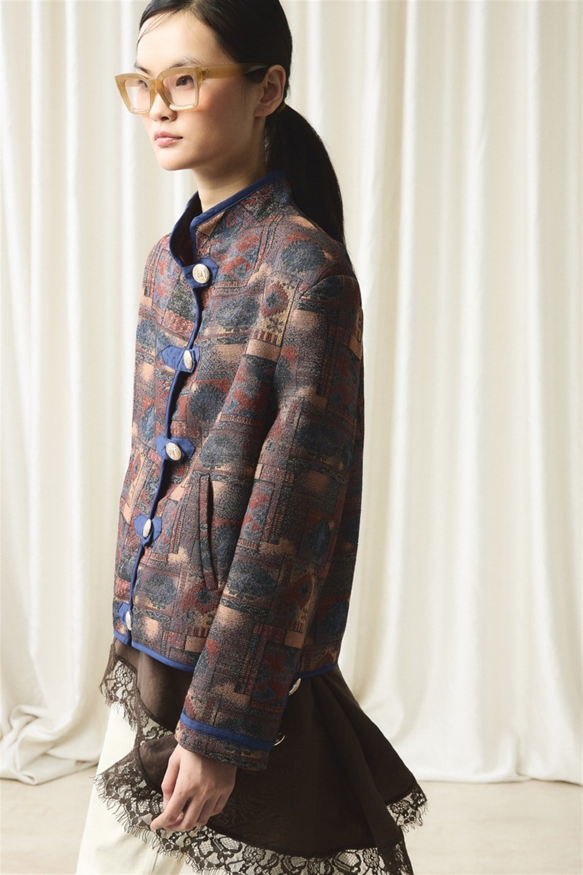 Gold Düğmeli Jakar Ceket - toprak