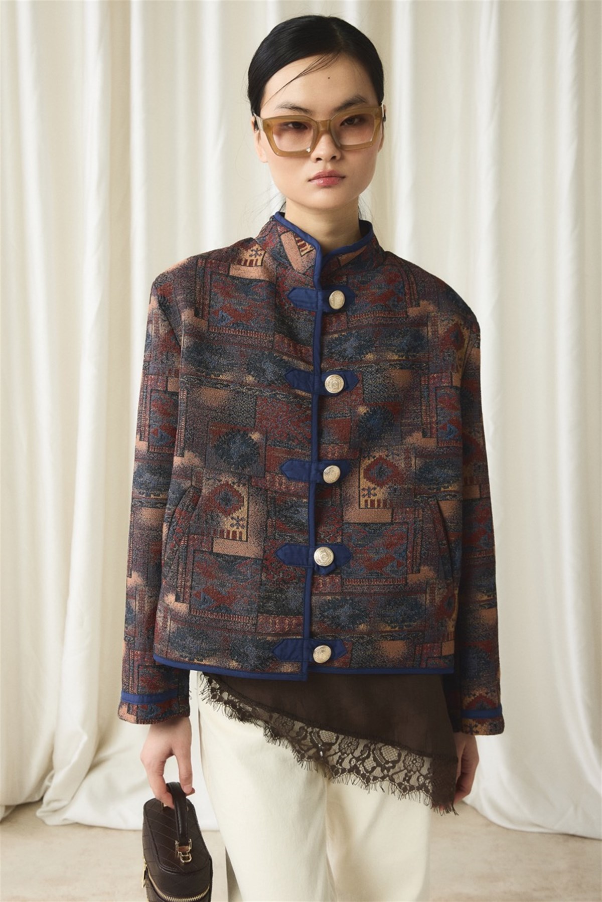 Gold Düğmeli Jakar Ceket - toprak