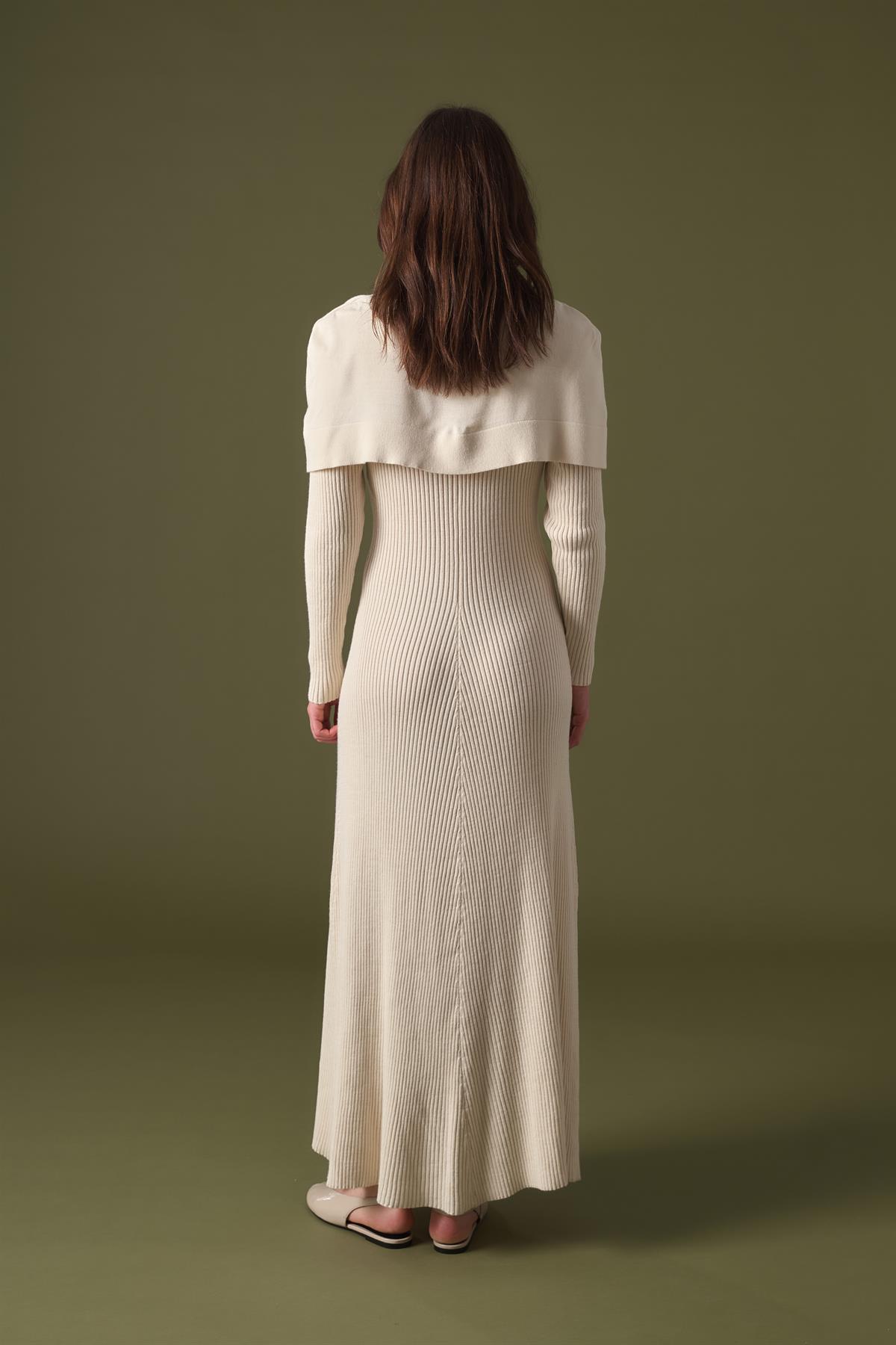 Ivory Asimetrik Yaka Detay Triko Elbise - Krem