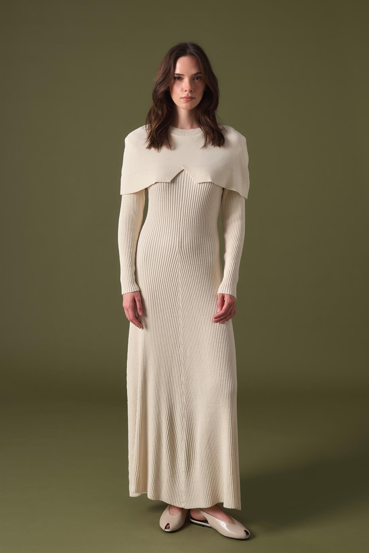 Ivory Asimetrik Yaka Detay Triko Elbise - Krem