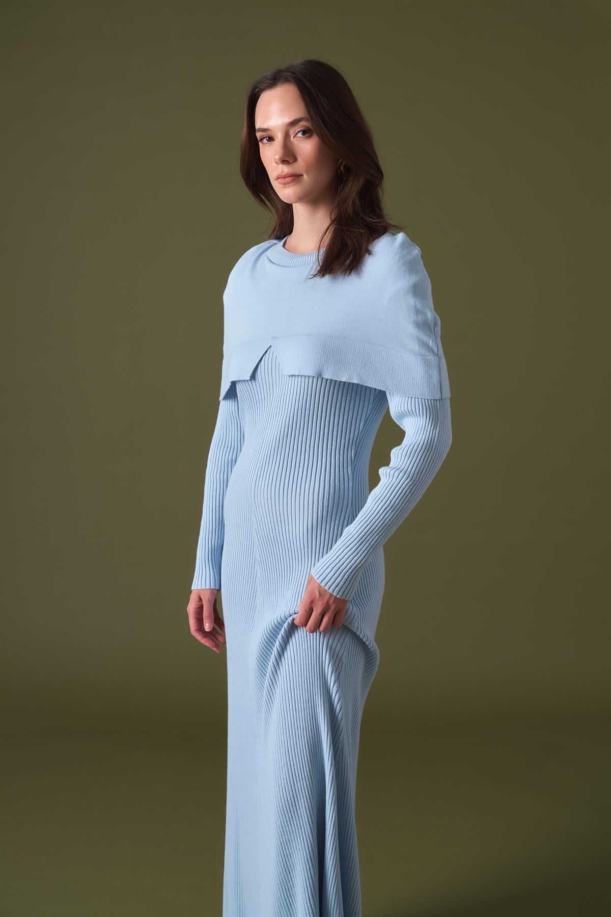 Ivory Asimetrik Yaka Detay Triko Elbise - bebe mavisi