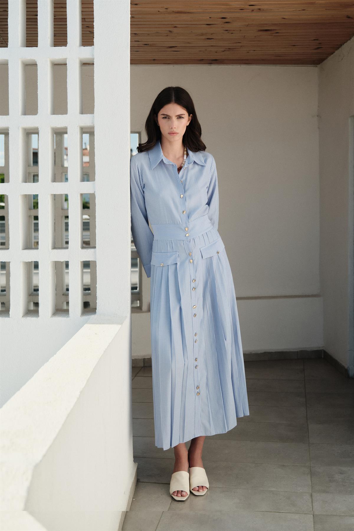 İzella Çizgili Cep Detaylı Elbise - bebe mavisi