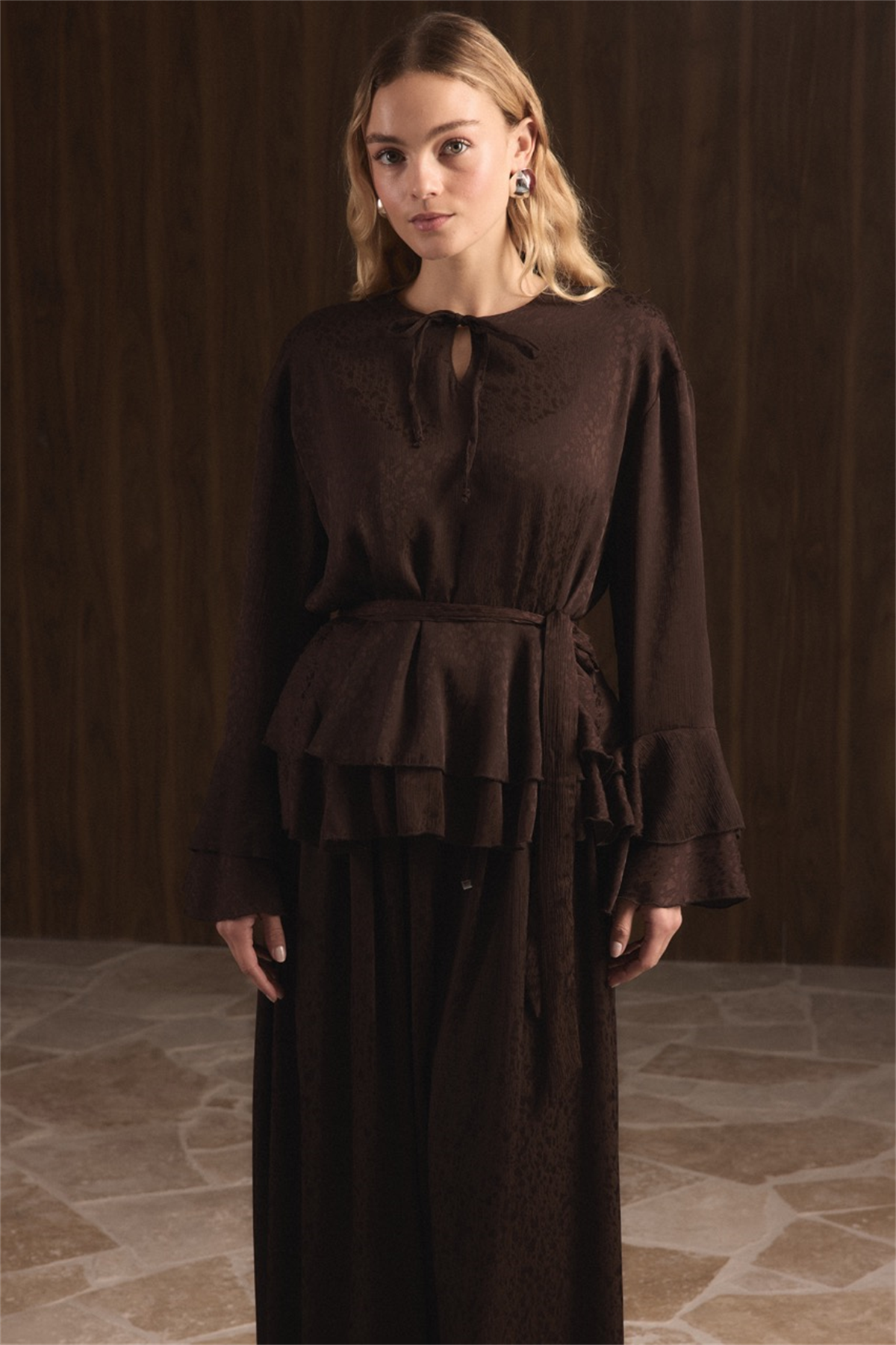 Kat Kat Yoryo Şifon Pantolonlu Takım - Kahve