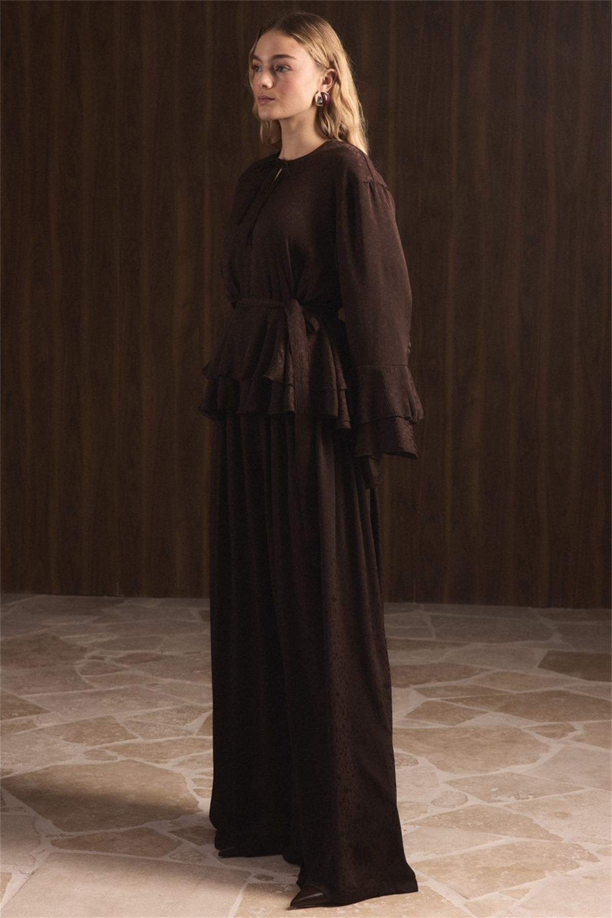 Kat Kat Yoryo Şifon Pantolonlu Takım - Kahve