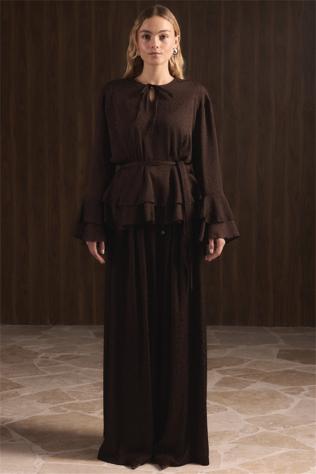 Kat Kat Yoryo Şifon Pantolonlu Takım - Kahve