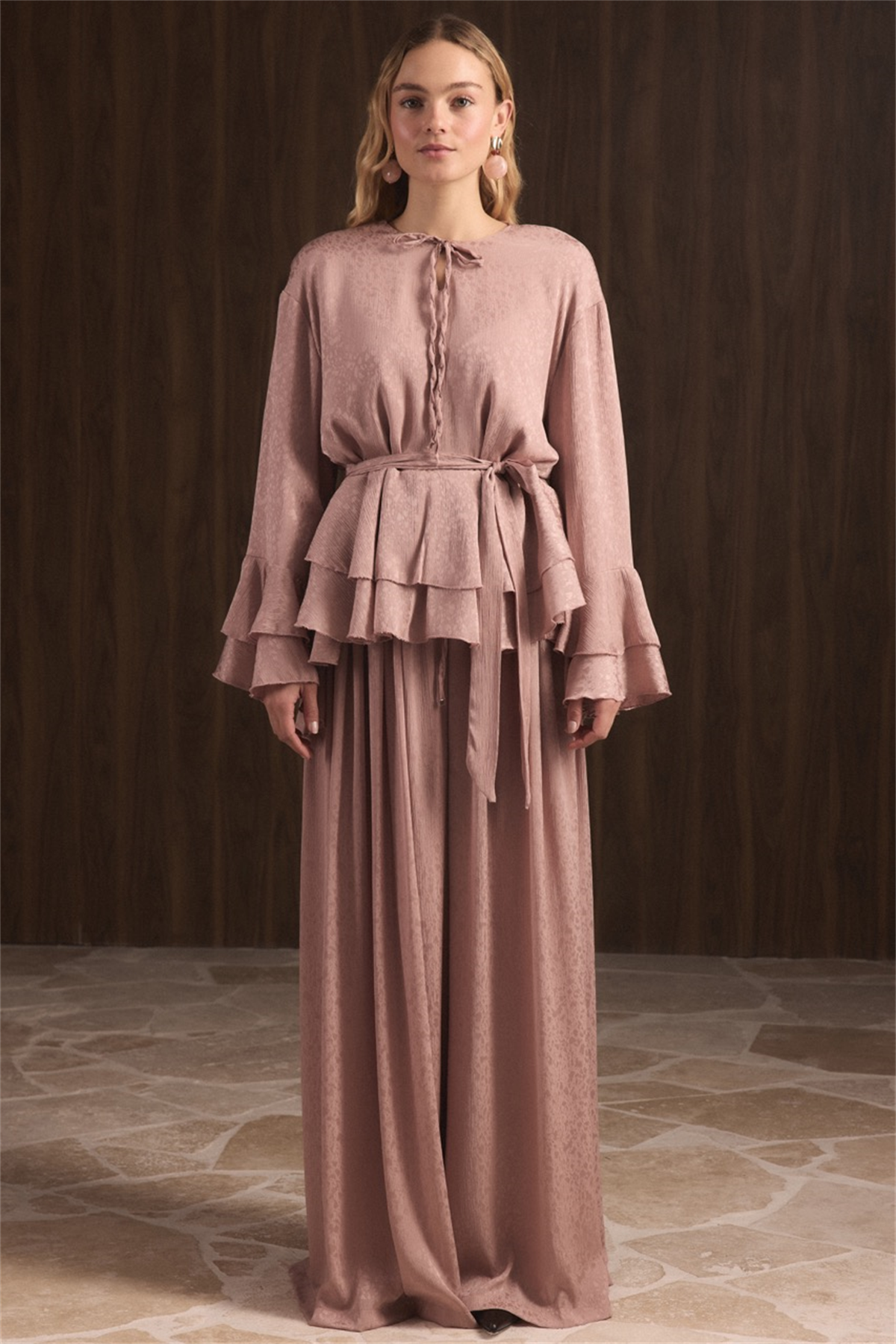 Kat Kat Yoryo Şifon Pantolonlu Takım - Pudra