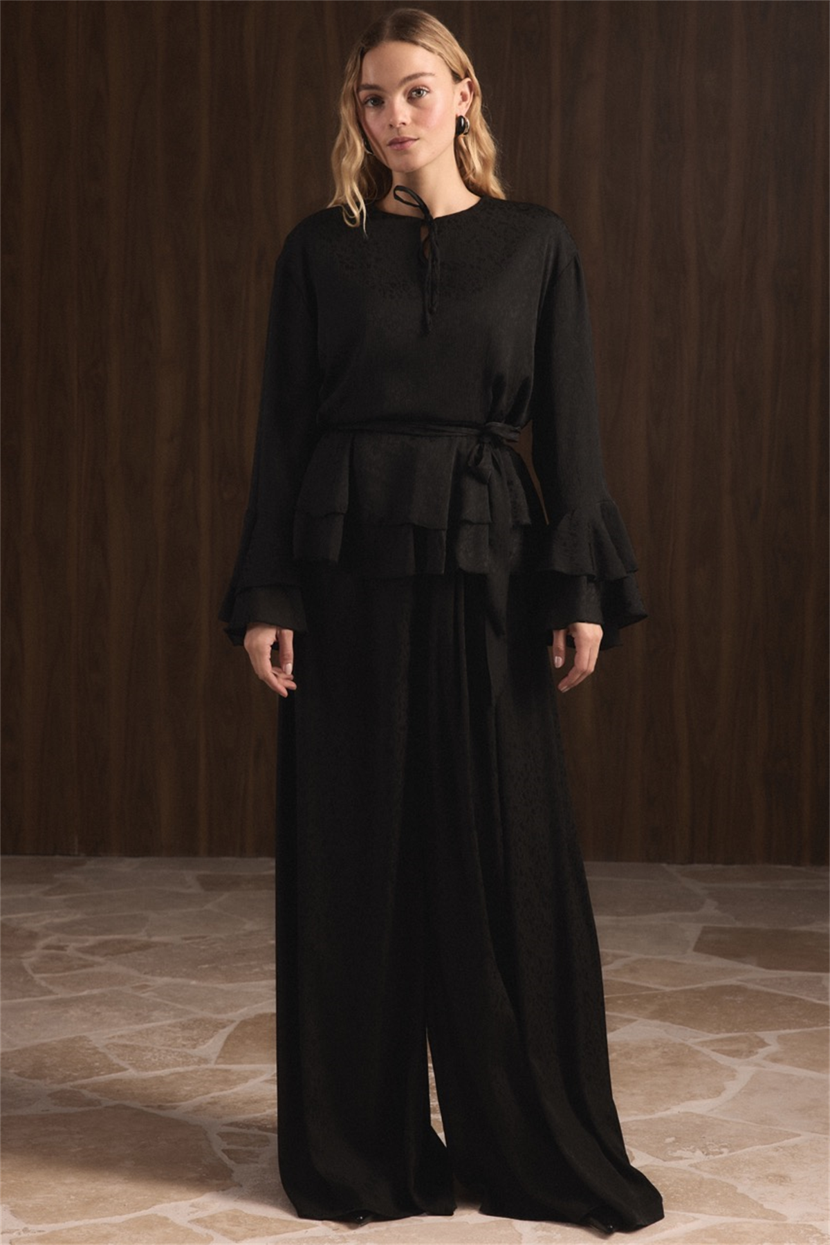 Kat Kat Yoryo Şifon Pantolonlu Takım - Siyah